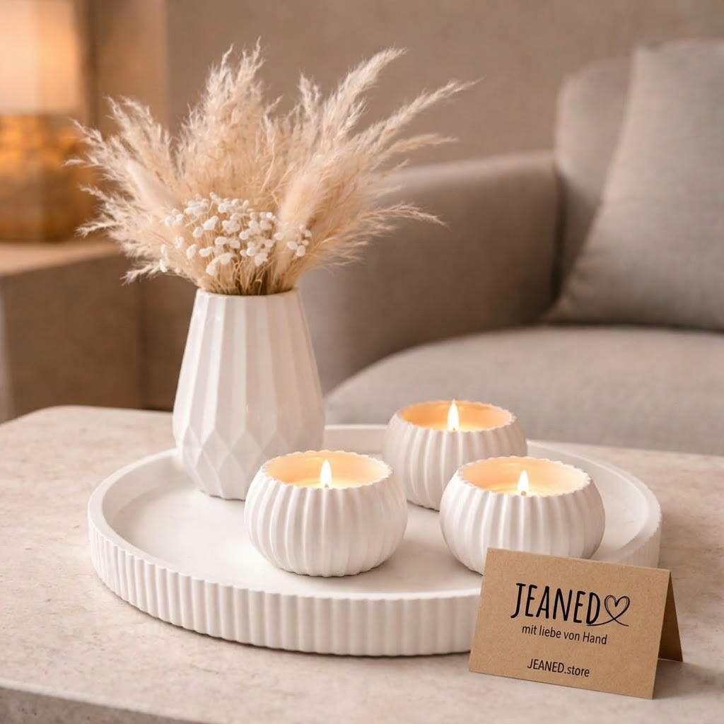 TEMU Modern Decor Set White Ceramic Look - Handmade - 5pcs Round Tray With 3 Candle Holders & Vase - Boho Living Room Decoration Scandinavian Style -