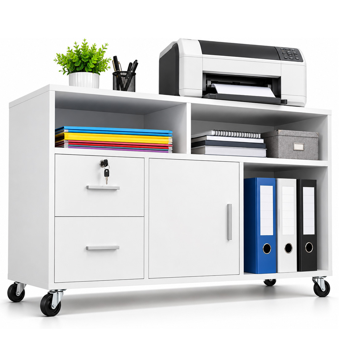 Bakaji Mobile Wooden Printer Stand With 3 Shelves, 2 Locking Drawers And 1 Cabinet With Compartments, Office File Storage With Casters, 100x35x65cm