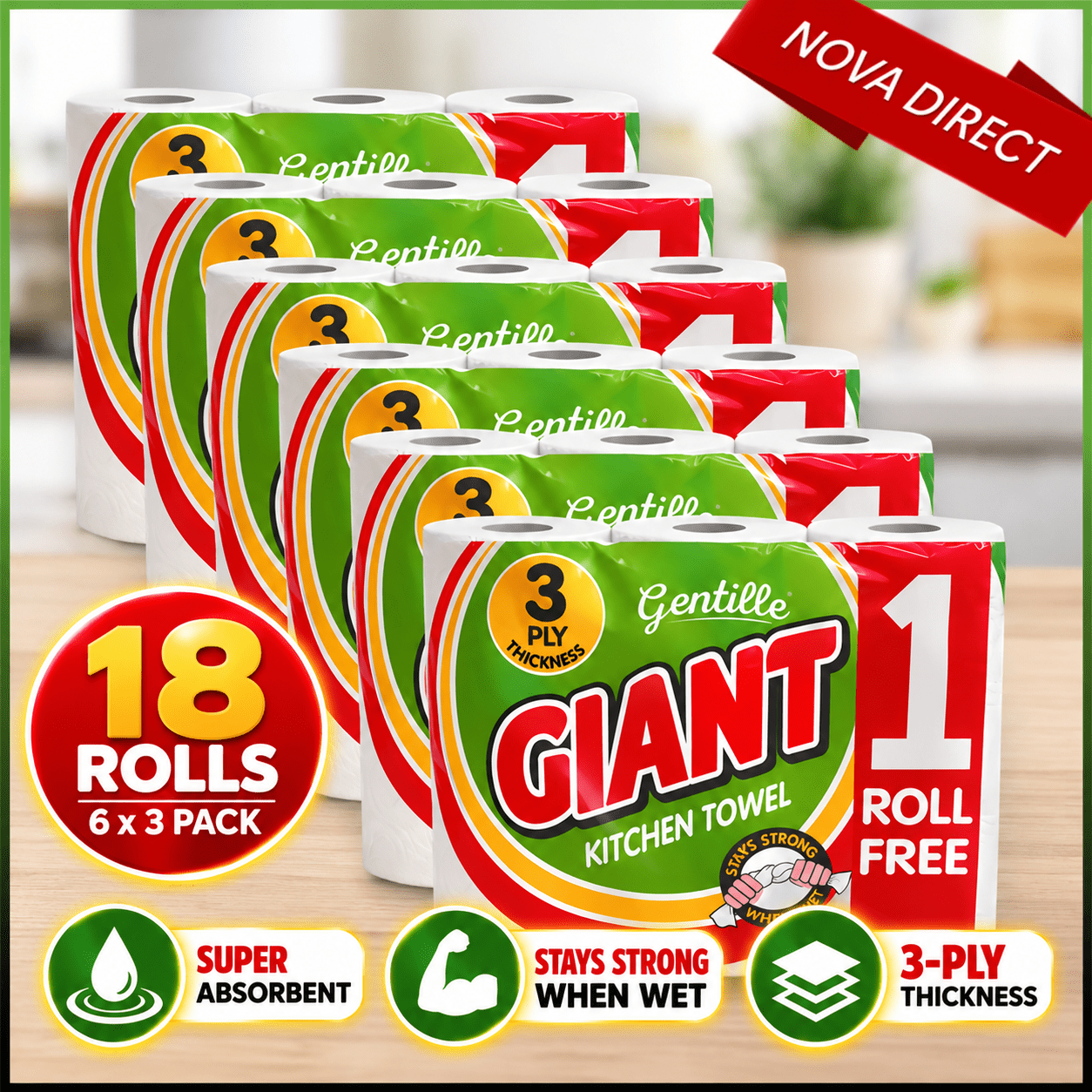 TEMU Gentille Giant 3 Ply Thickness Paper Towel | Extra Strong, Absorbent, Tough, Durable Kitchen Roll | Multipurpose Bulk Pack (18)