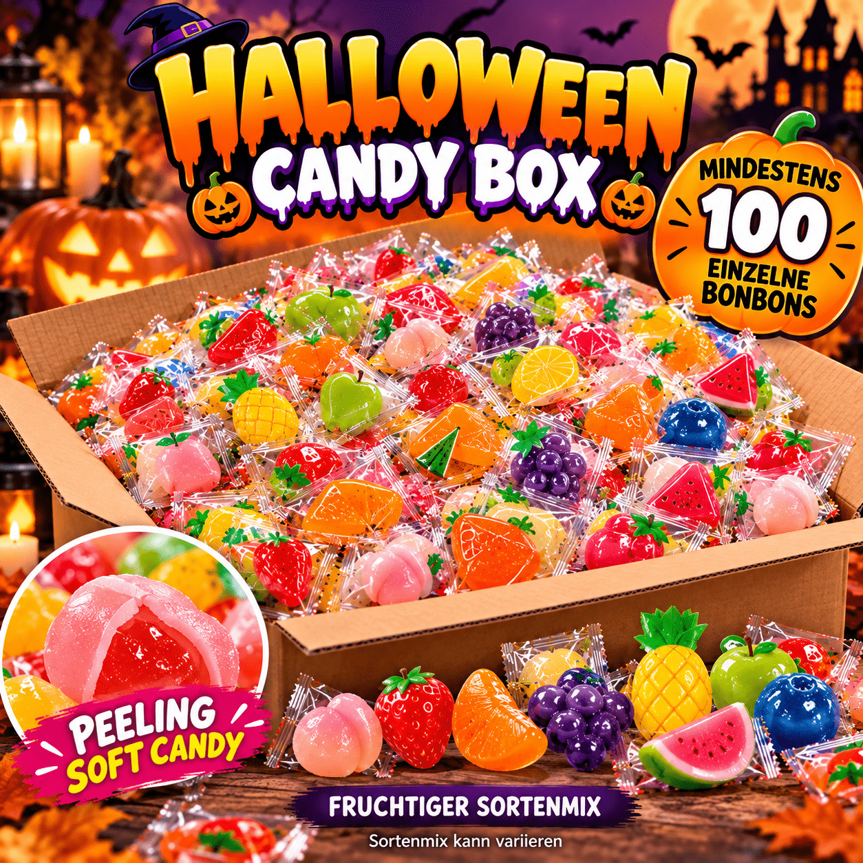 Image of Halloween Candy Box – At Least 100 Coconut Peeling Candies – Fruity Candy Mix