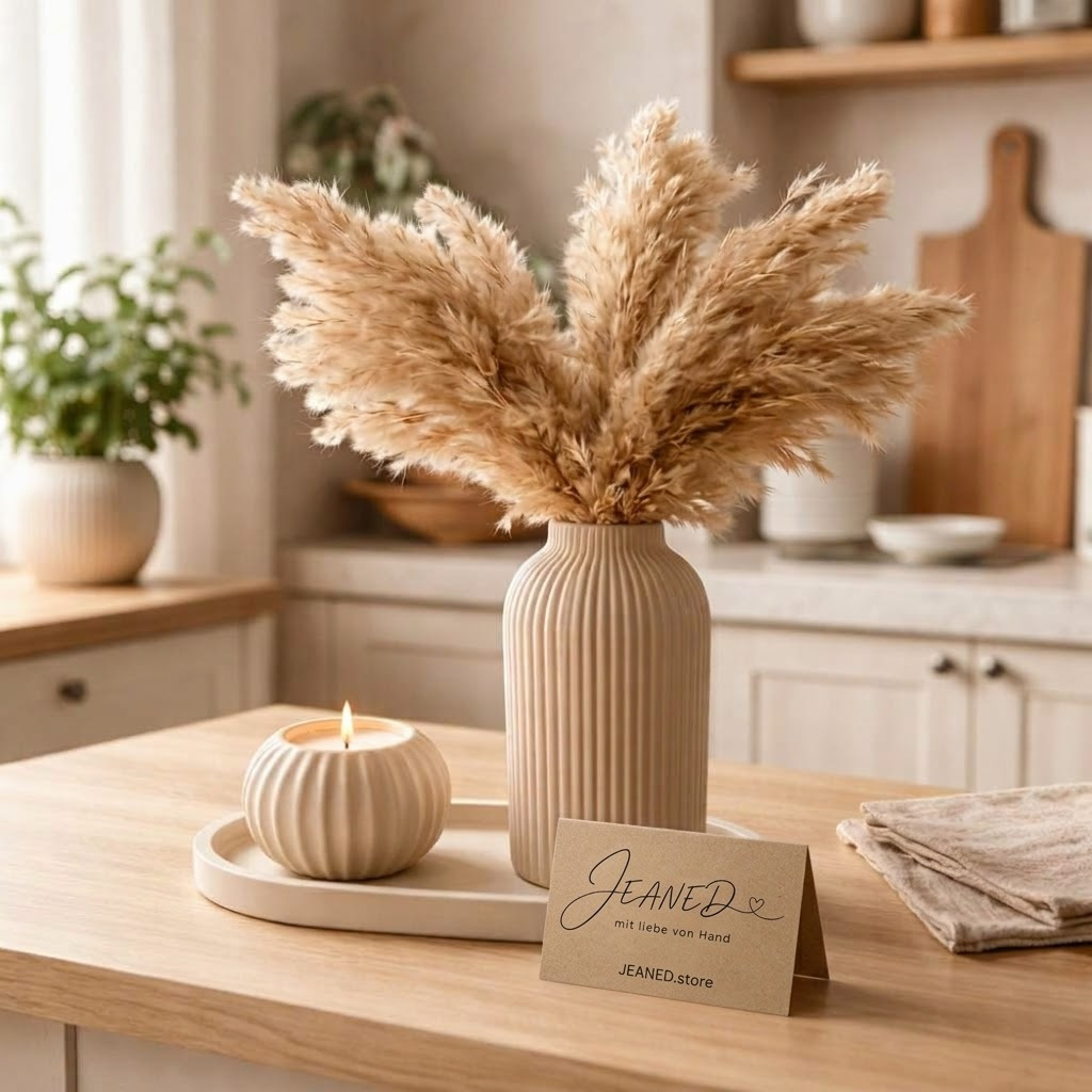 Image of Minimalist 3-piece Decor Set: Handmade Fluted Ceramic Vase & Matching Candle Holder On Oval Tray – Boho Scandi Style Living Room Decor – Dry Flower Vase Gift Set (pampas Grass Not Included)