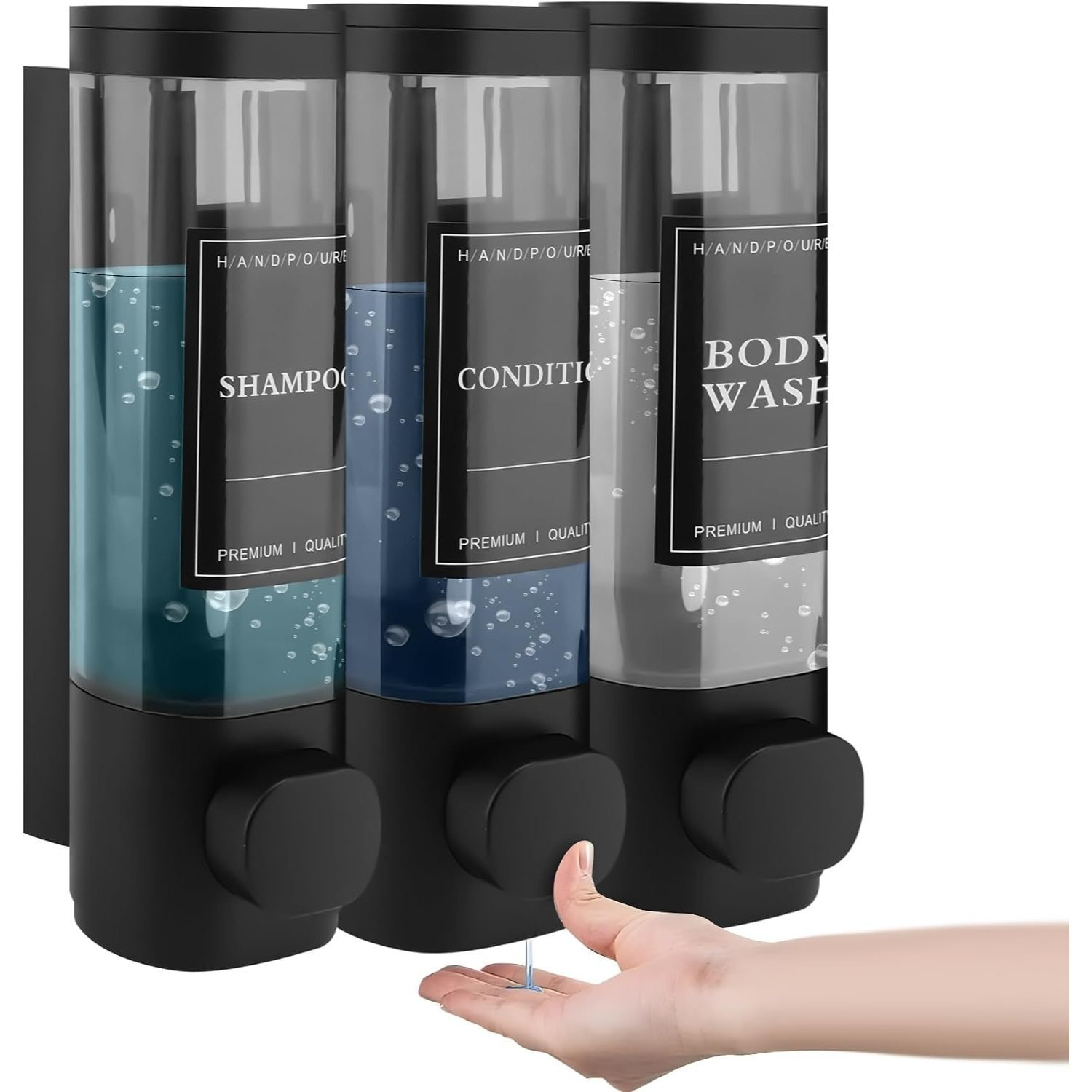 Image of Soap Dispenser Without Drilling, Wall Mounted, 3-compartment Shower Gel Dispenser, Black Abs, 3x 300 Ml, For Shampoo Dish Soap, Transparent Viewing Window, Push Dispenser