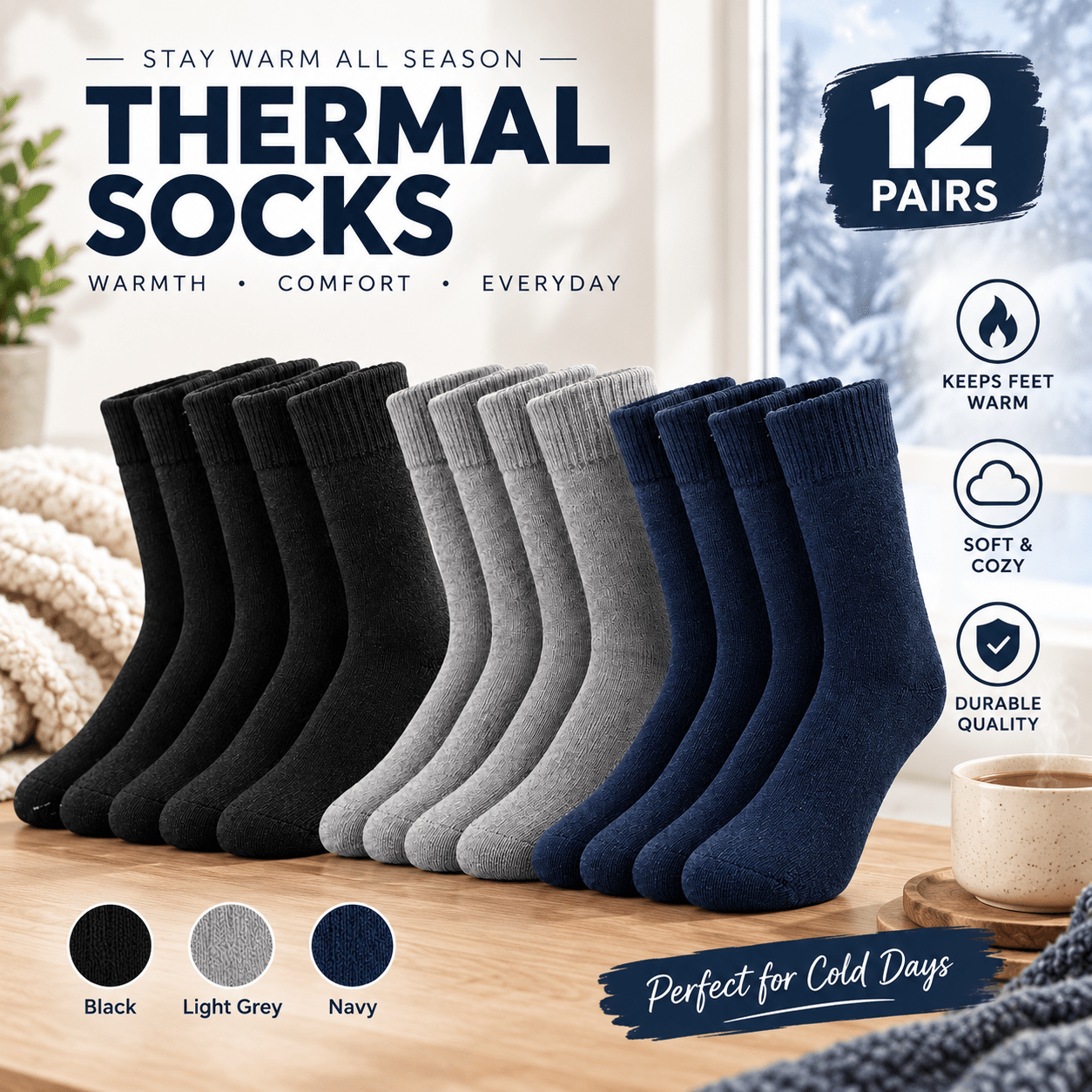 TEMU Men's 12 Pairs Thermal Argyle Socks – Warm Thick Winter Socks, Soft & Comfortable Wool Socks, Crew Length - Thick Warm Winter Socks