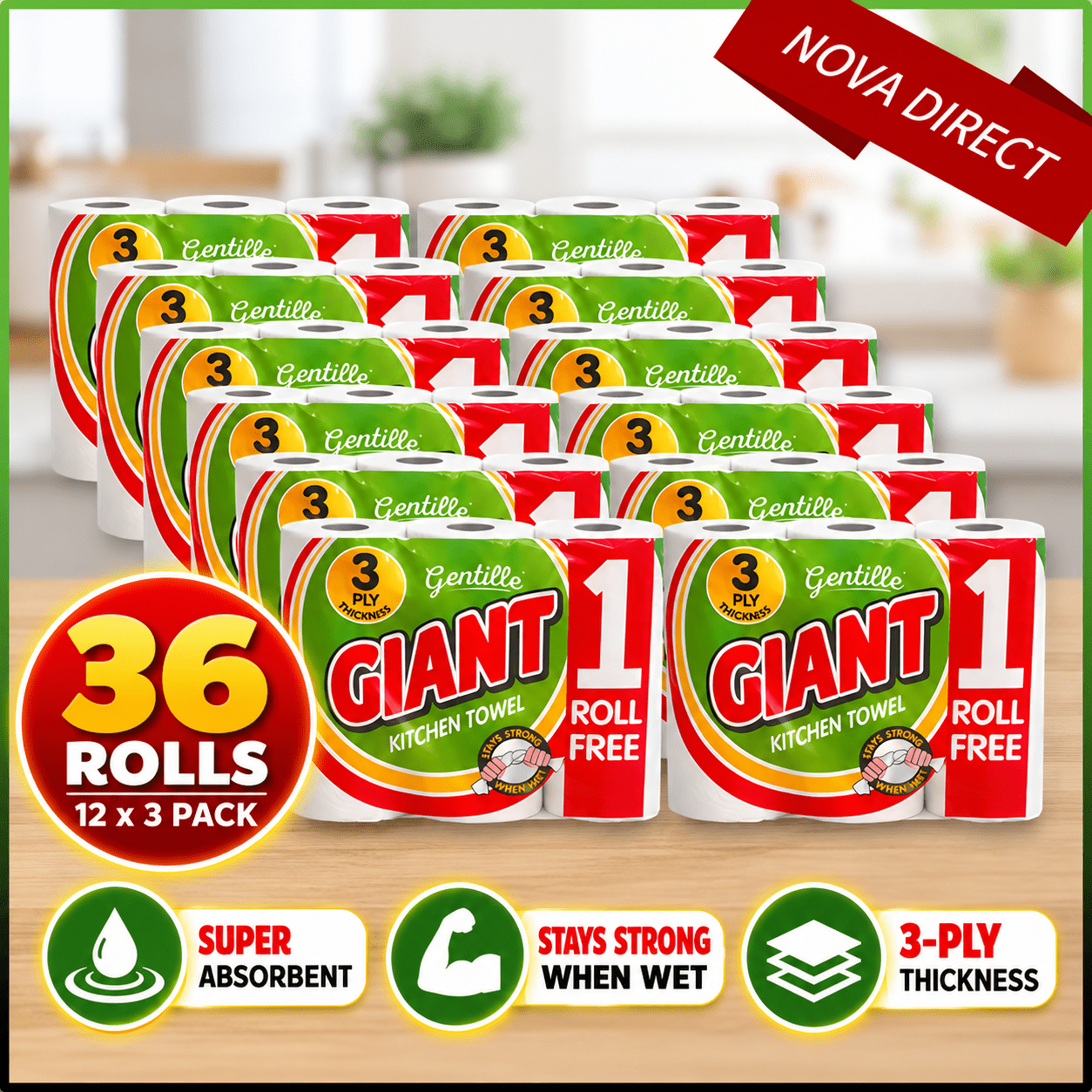 TEMU Gentille Giant 3 Ply Thickness Paper Towel | Extra Strong, Absorbent, Tough, Durable Kitchen Roll | Multipurpose Bulk Pack (36)