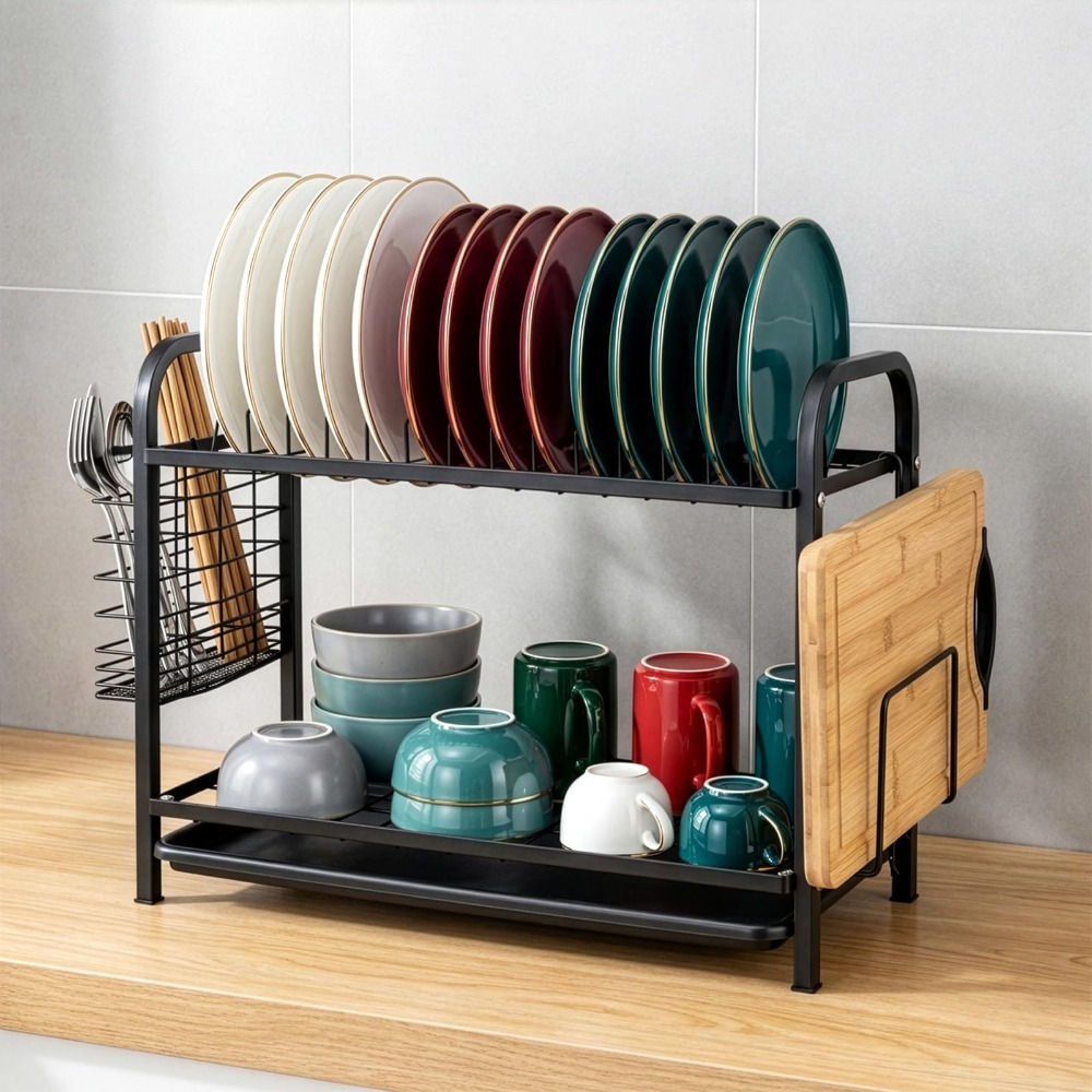 TEMU 1pc Two-tier Dish Drying Rack, Suitable For Kitchen Counters And Sinks, Includes Utensil Holder And Cup Holder, Designed For Multifunctional Use
