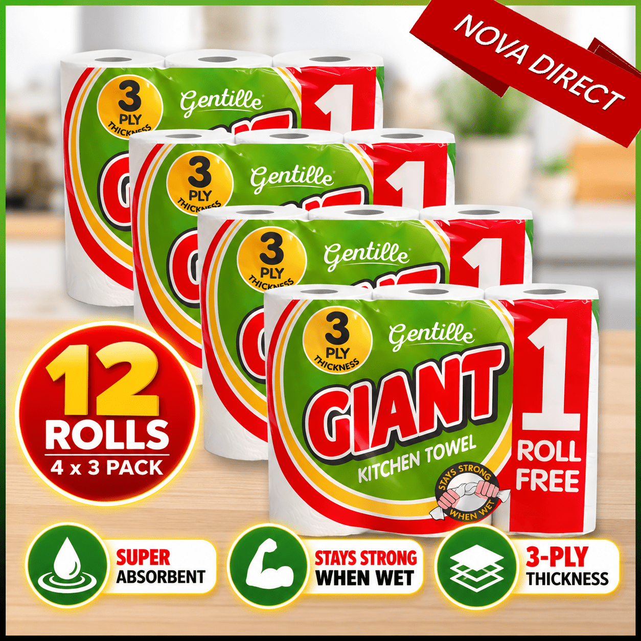 TEMU Gentille Giant 3 Ply Thickness Paper Towel | Extra Strong, Absorbent, Tough, Durable Kitchen Roll | Multipurpose Bulk Pack (12)