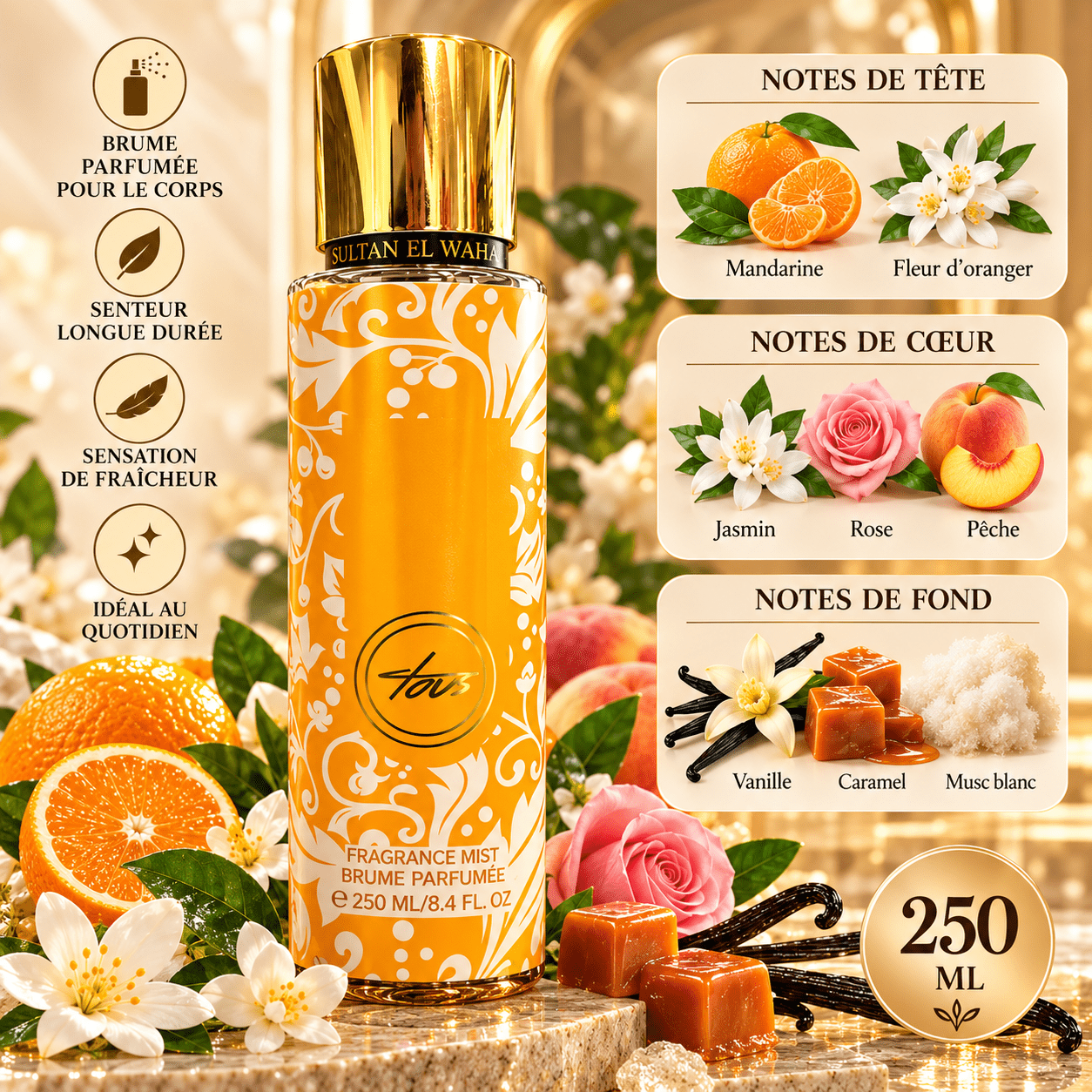TEMU EL WAHA Tous Parfumée Corps 250 ml – Body Mist Vanille Caramel & Musc Blanc – Parfum Floral aux Notes de , Fleur d’, Pêche