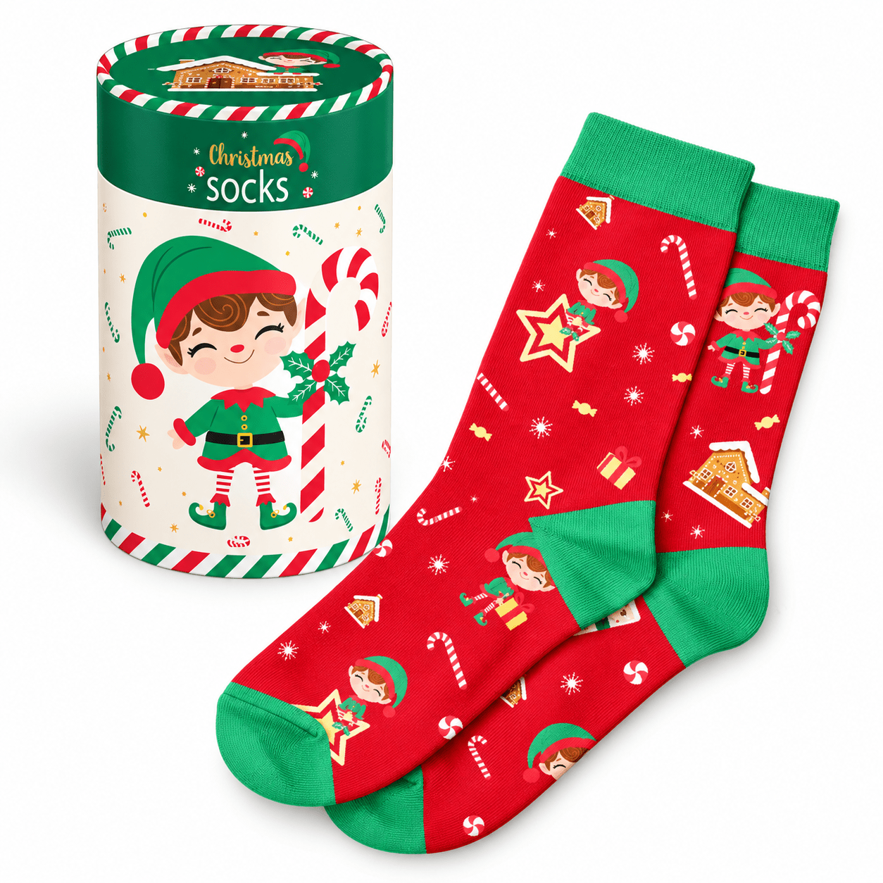 TEMU Calcetines Navideños con Cilíndrica de Regalo, Diseño de Elfo de Navidad, 4 Tallas Disponibles: 27-30, 31-34, 35-38 y 42-47, para Niños, Mujeres