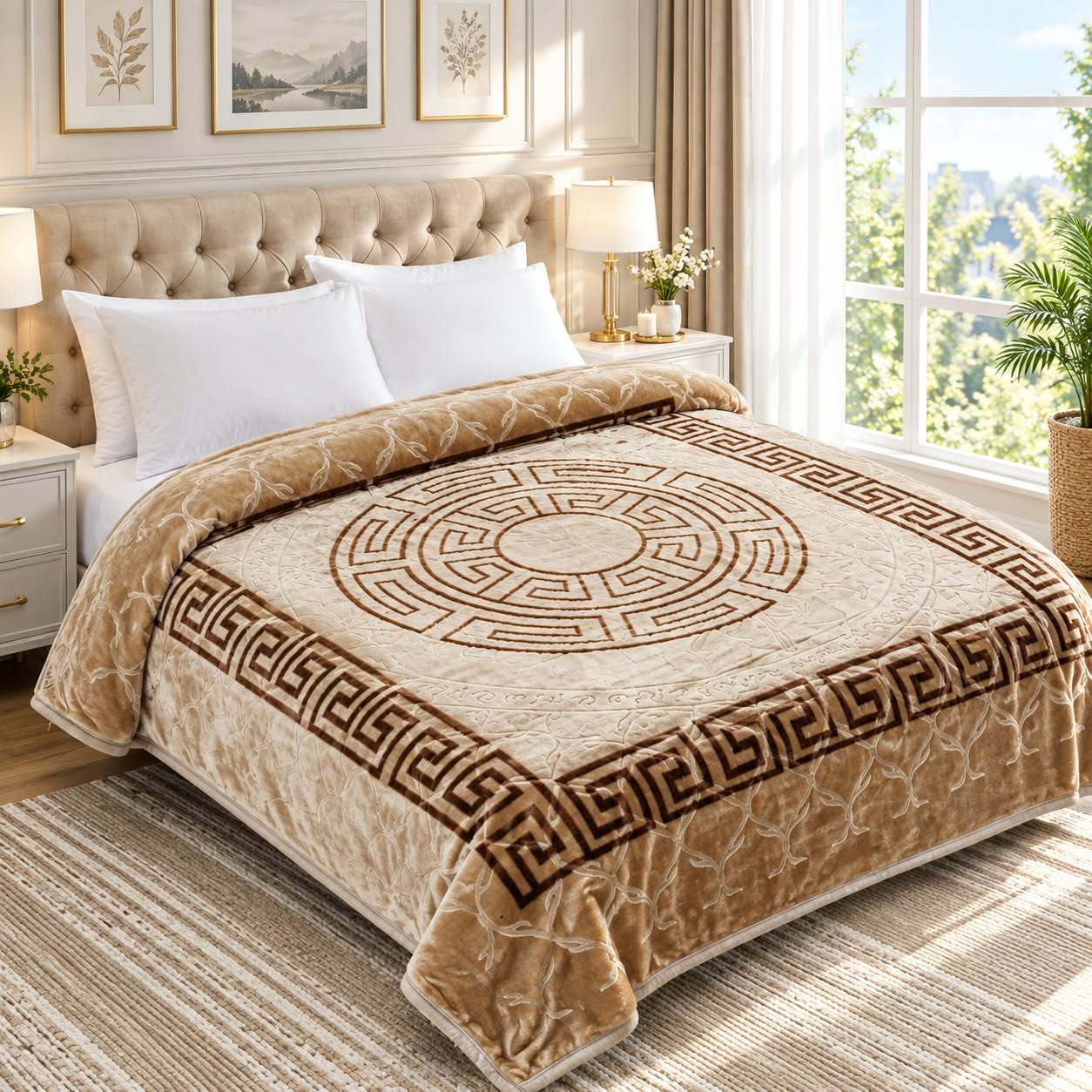 TEMU de Franela 210x240 cm con Greca Griega — Polar y para Cama de Matrimonio, Diseño Elegante, Varios Colores