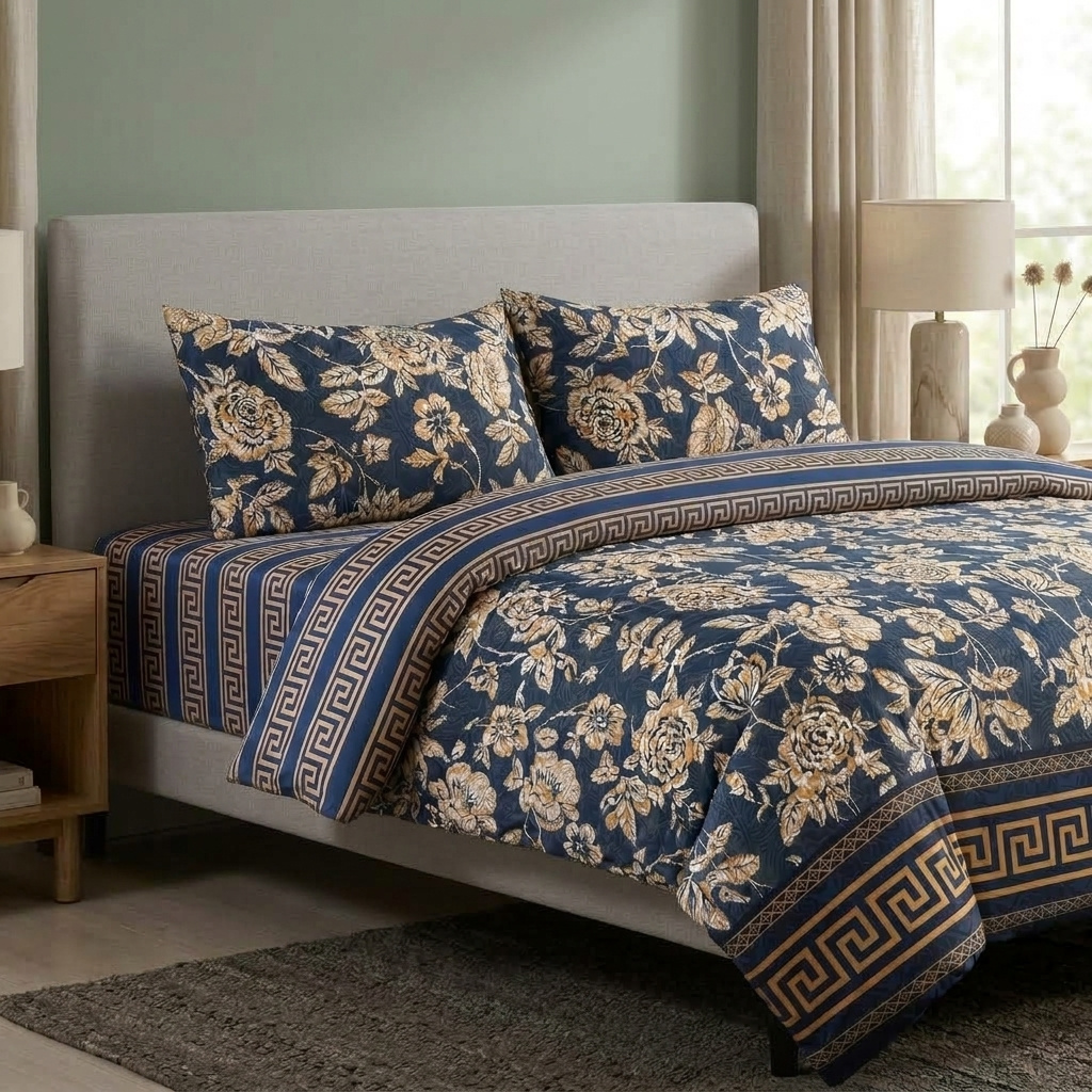 TEMU Printed Greek Blue Flower 4pcs Bed Set Soft Duvet Cover With Fitted Sheet And Matching Pillowcases Complete Bedding Set Single Double King