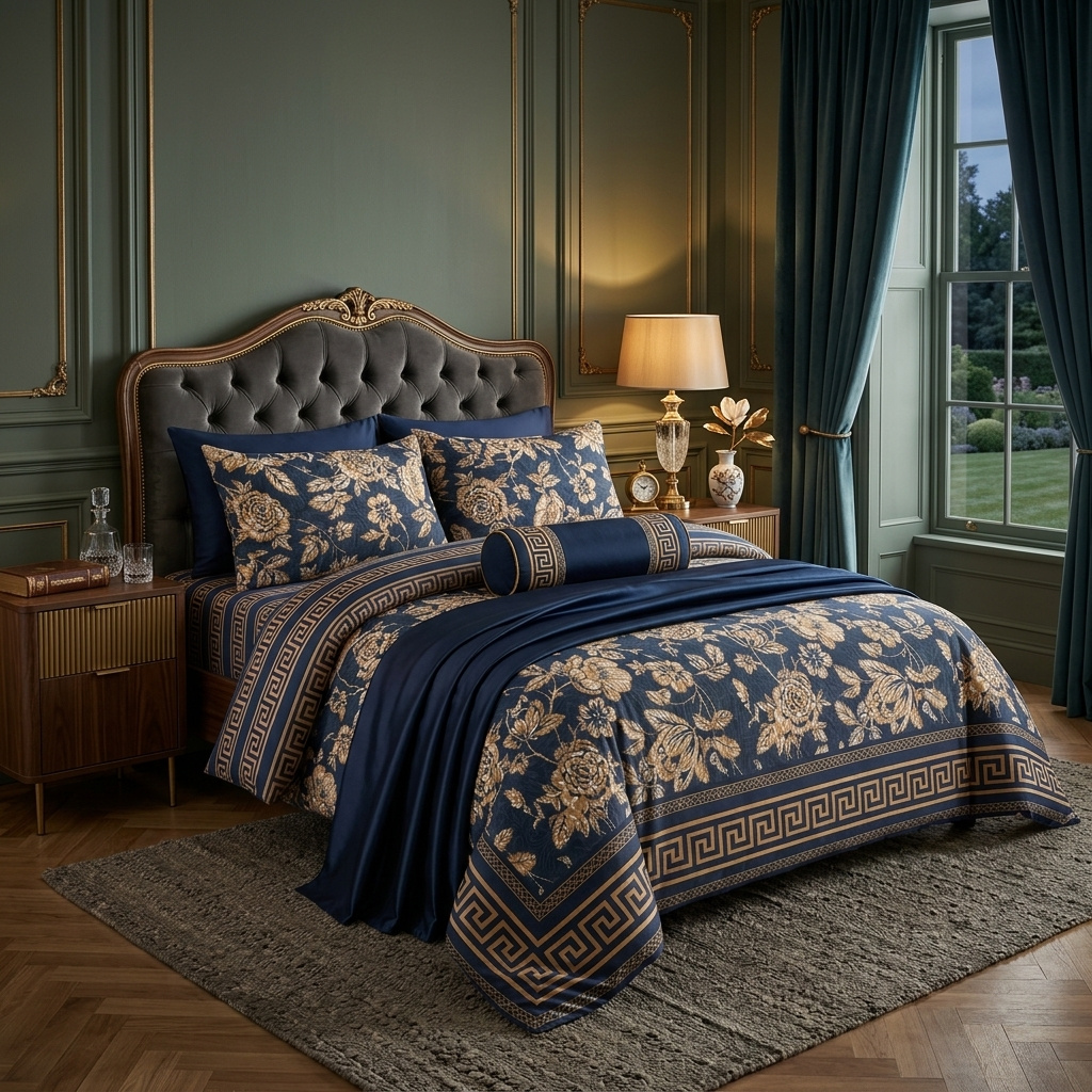 TEMU 4pcs Greek Blue Flower Complete Bedding Set, Soft Brushed Duvet Cover With Fitted Sheet And Matching Pillowcases, Printed Bed Set, Single Double