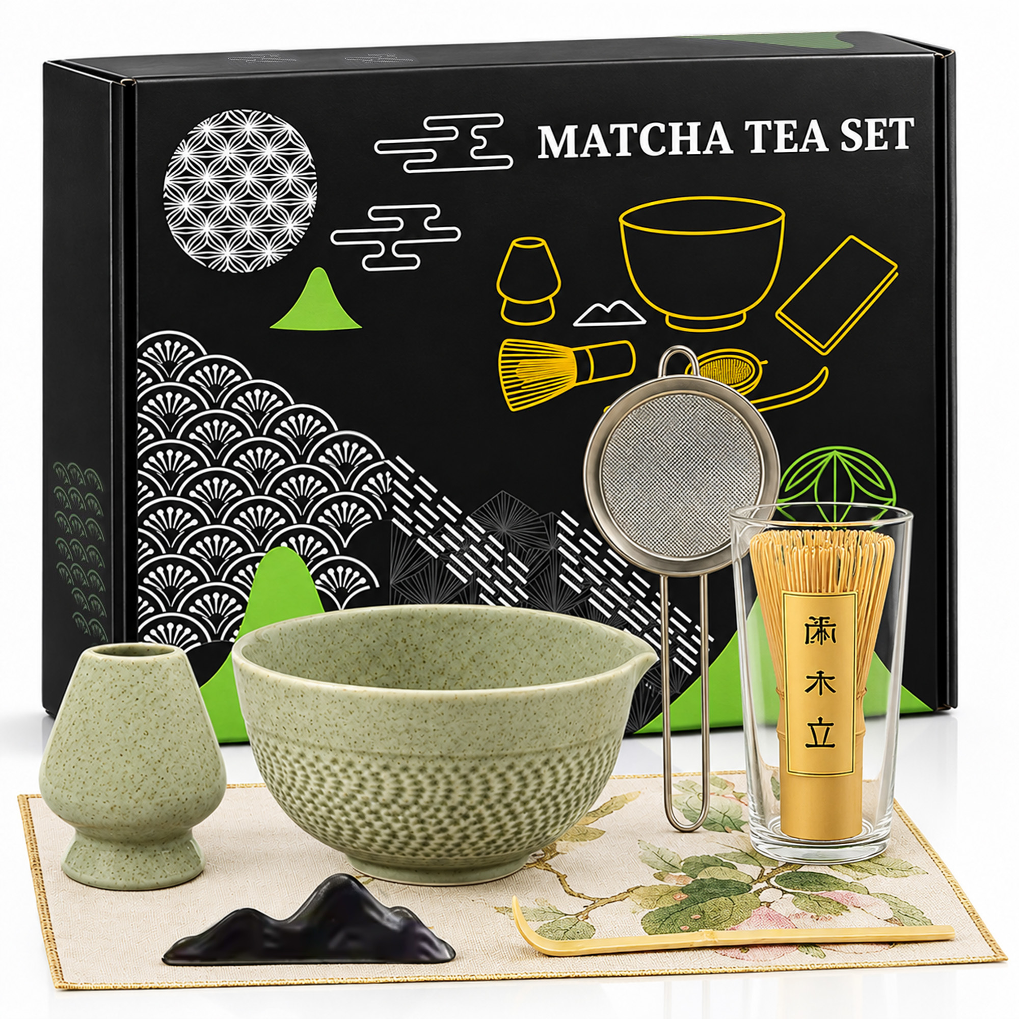 Image of Roxlin Matcha Set Tea (7pcs) Ceramic, Bamboo Matcha Whisk, Handmade Bowl, Sieve & Accessories