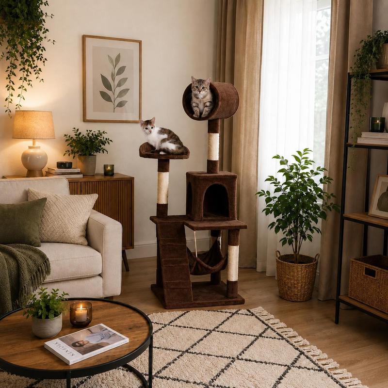 Image of Cat Tree With Hammock, Tunnel, And Cave, 133 Cm Height, Sisal Posts, Plush, Lounging Platforms, And Stairs, Ideal For Play, Relaxation, And Claw Care