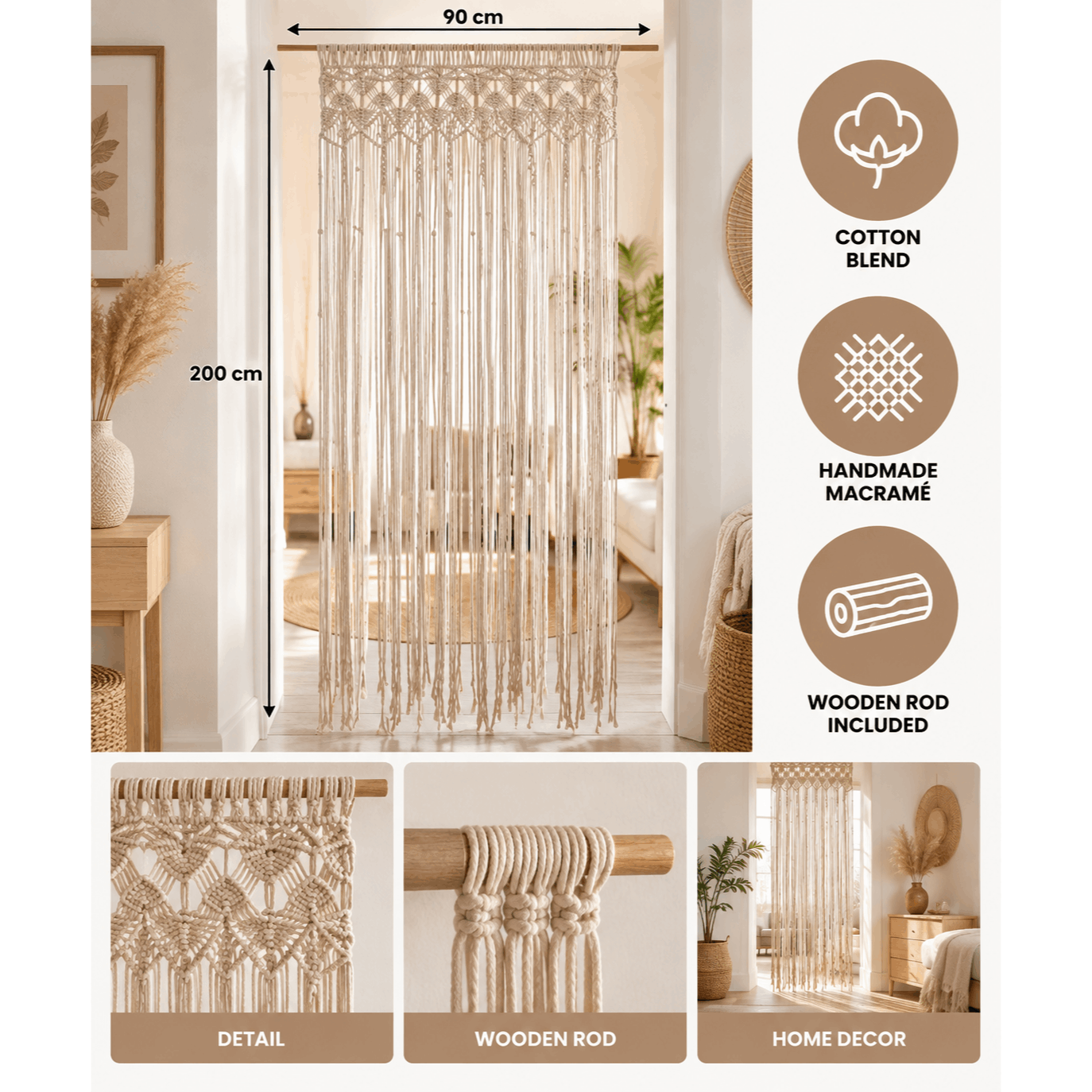 Image of Macrame Curtain 90 X 200 Cm Beige Handmade, Ready To Install With Included Rod For Room And Interior Decoration
