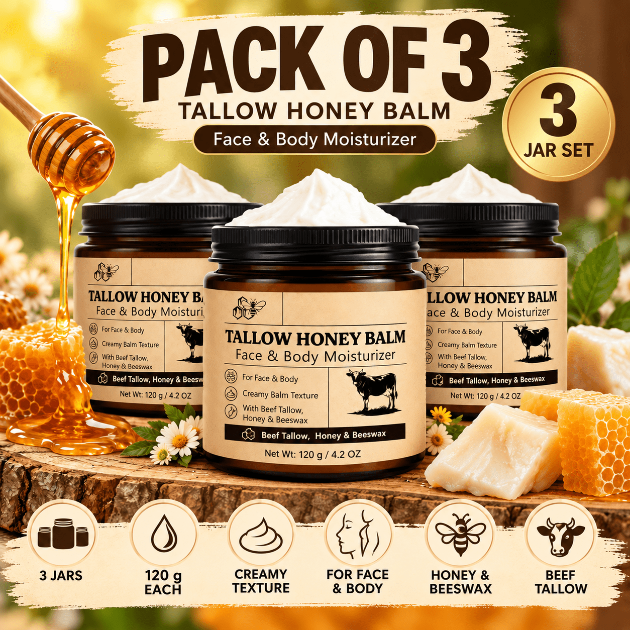 Image of Pack Of 3 Grass-fed Beef Balm With Honey & Beeswax 120g, Whipped Face Moisturizer, Nourishing Skin Balm For , Daily Moisturizer For Dry Skin