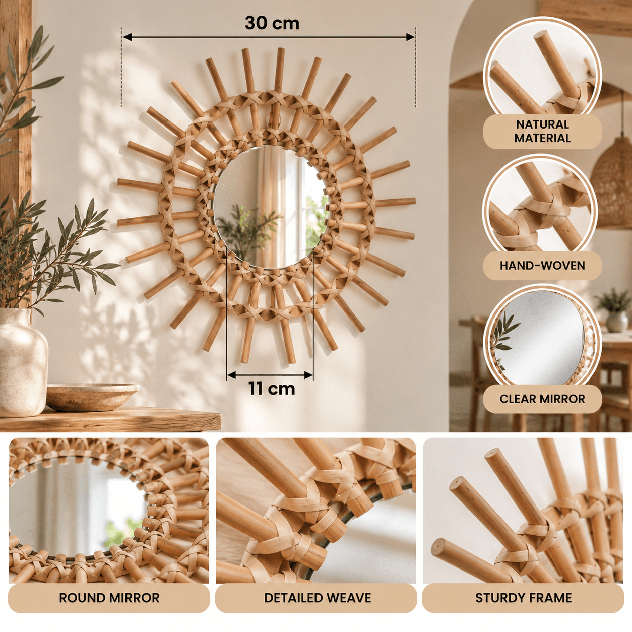 TEMU soleil 30 cm en rotin beige avec structure MDF_E1, central 11 cm, épaisseur 1,8 cm, à accrocher horizontalement ou verticalement pour intérieur