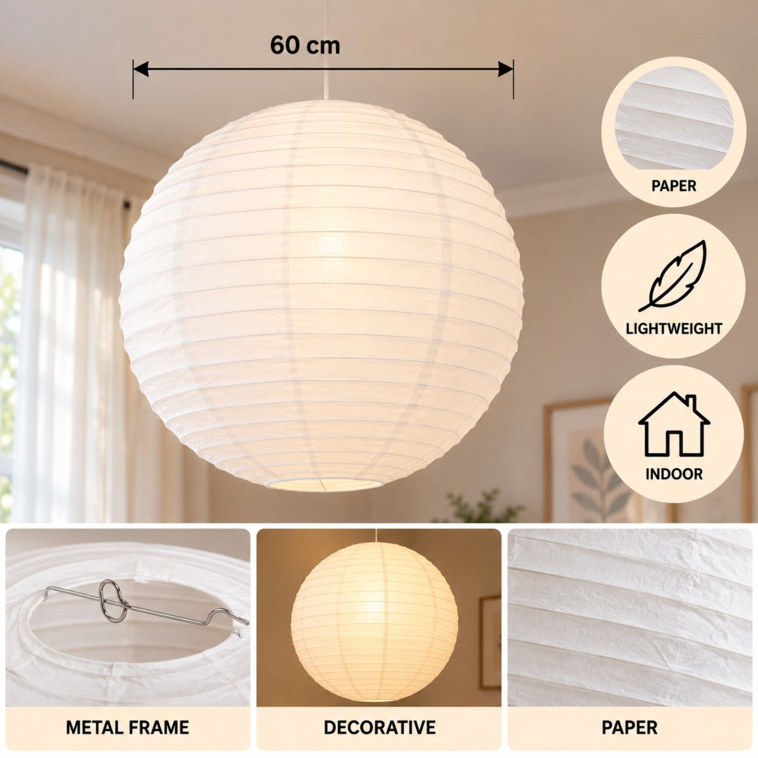 Image of Japanese Paper Lantern, White, Diameter 60 Cm, Height 56 Cm, Bulb Not Included, For Indoor Use