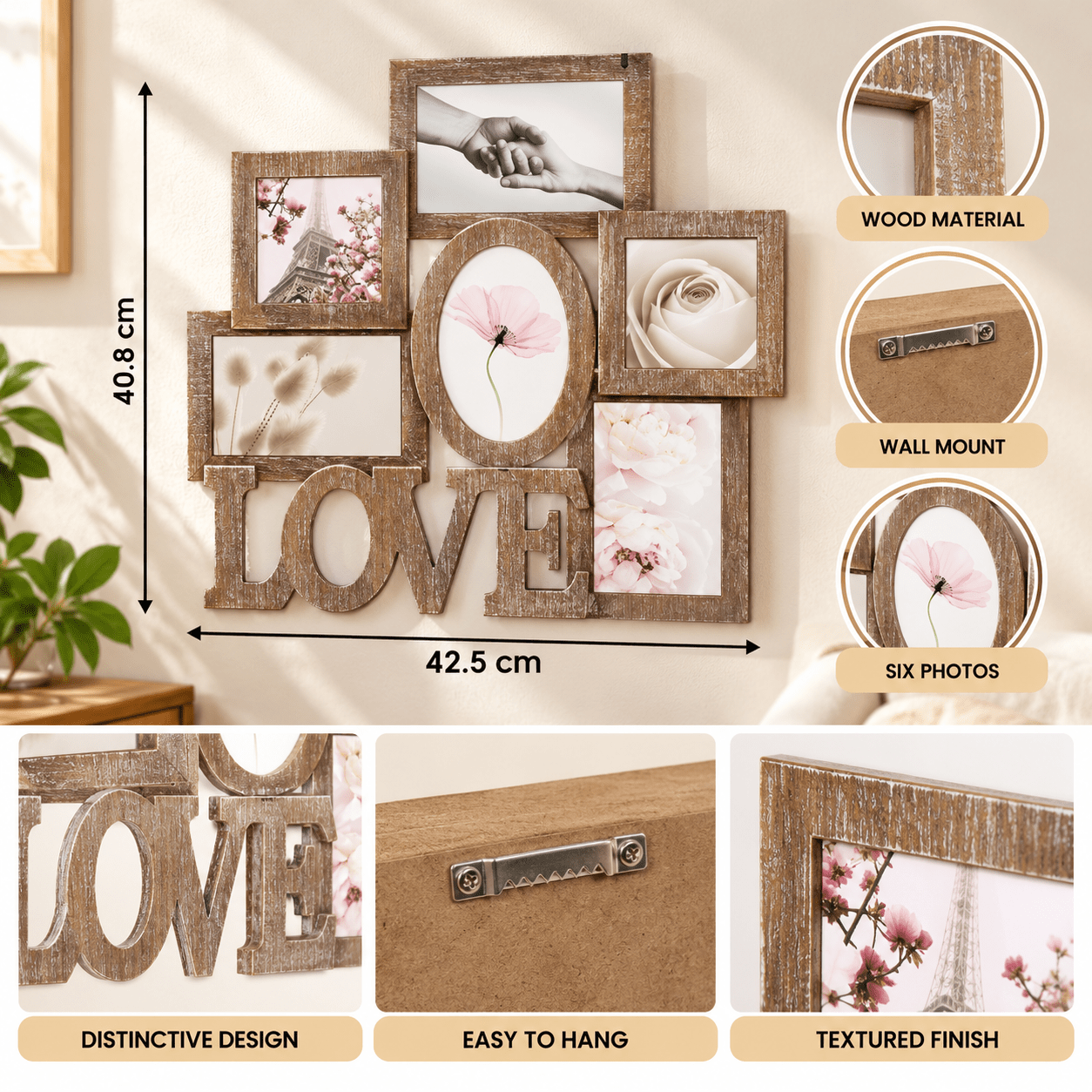 Image of 6-photo Mdf Beige Collage, 42.5 × 40.8 Cm, Country-style Hanging Display