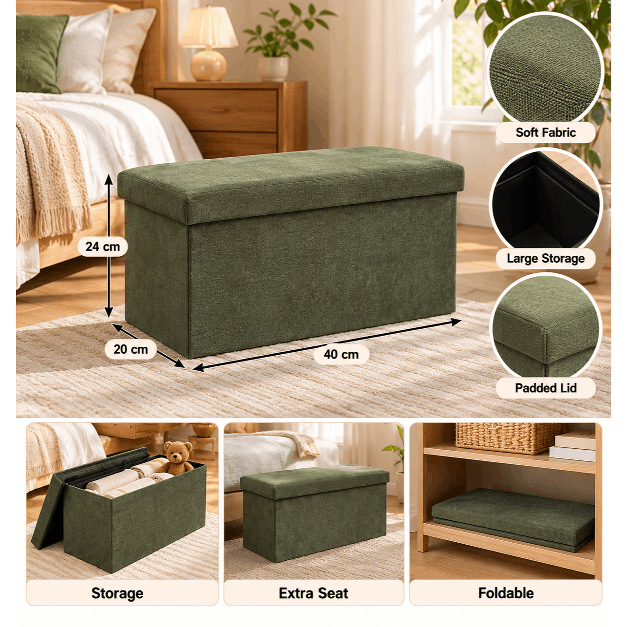 Image of Green Khaki Storage Bench - Foldable, Velvet Fabric, 76x38x38 Cm - For Living Room, Bedroom