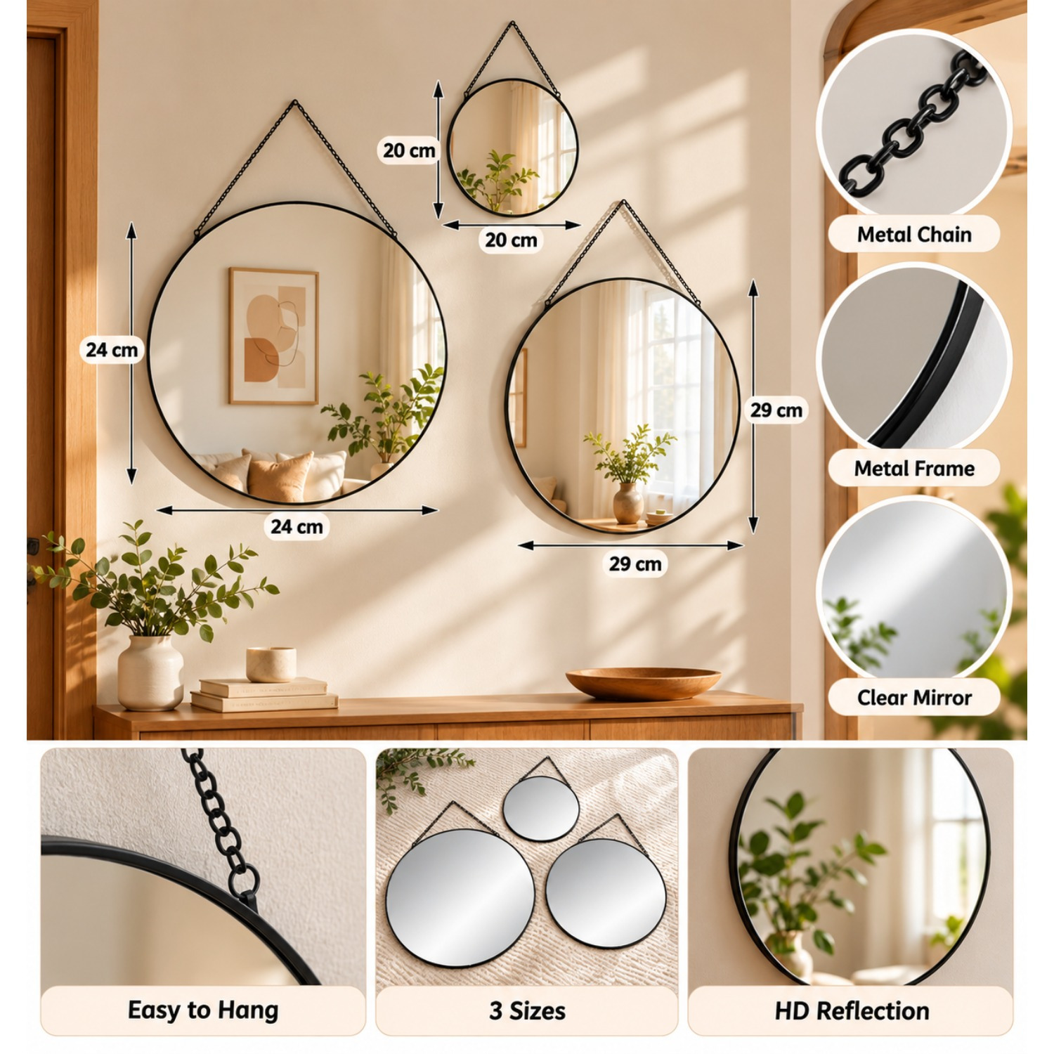 Image of Set Of 3 Round Black Metal Chain Mirrors, Vertical Wall Mount, Diameters 20/24/29 Cm
