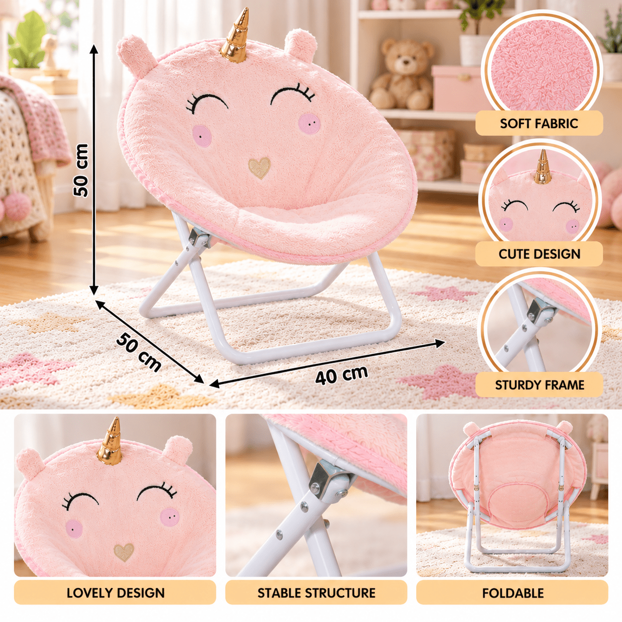 Image of Unicorn Folding Armchair For Kids, White Steel, L40 X W50 X H50 Cm, Foldable And Easy To Store, 60 Kg