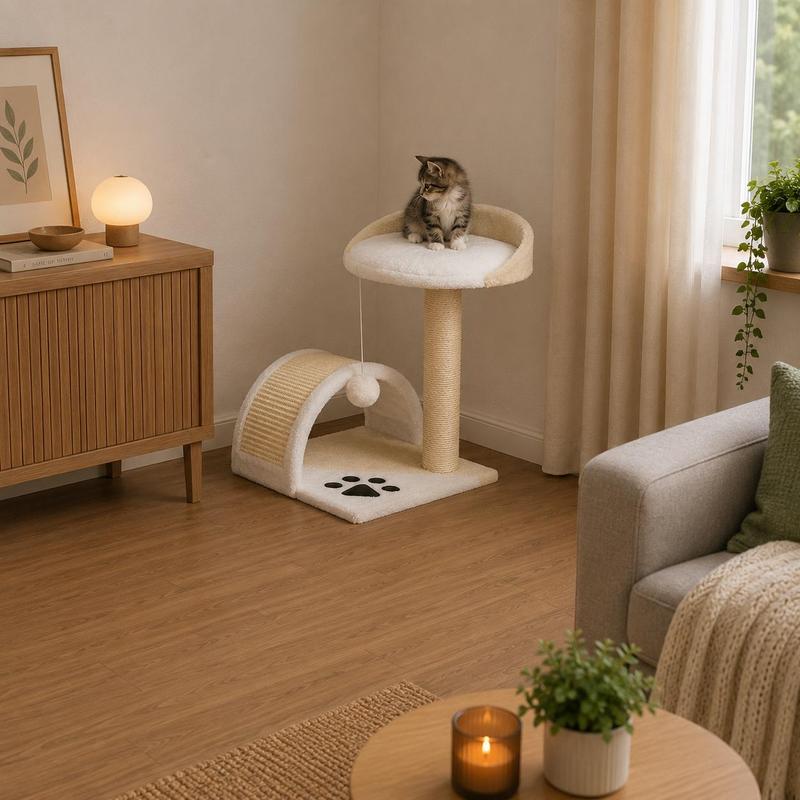 Image of Belviona Compact Scratching Post With Scratching Arch, Padded Lying Surface, Sisal For Claw Care, Plush Ball, Stable, Space-saving, For Small And Large Cats