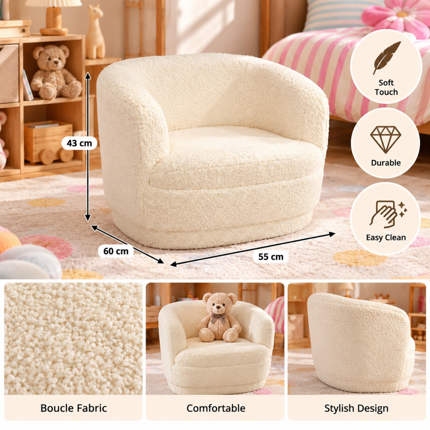 Image of Child' Bouclé Armchair 45×41.5×36 Cm Semi-closed Seat For Indoor Use, Load 75 Kg