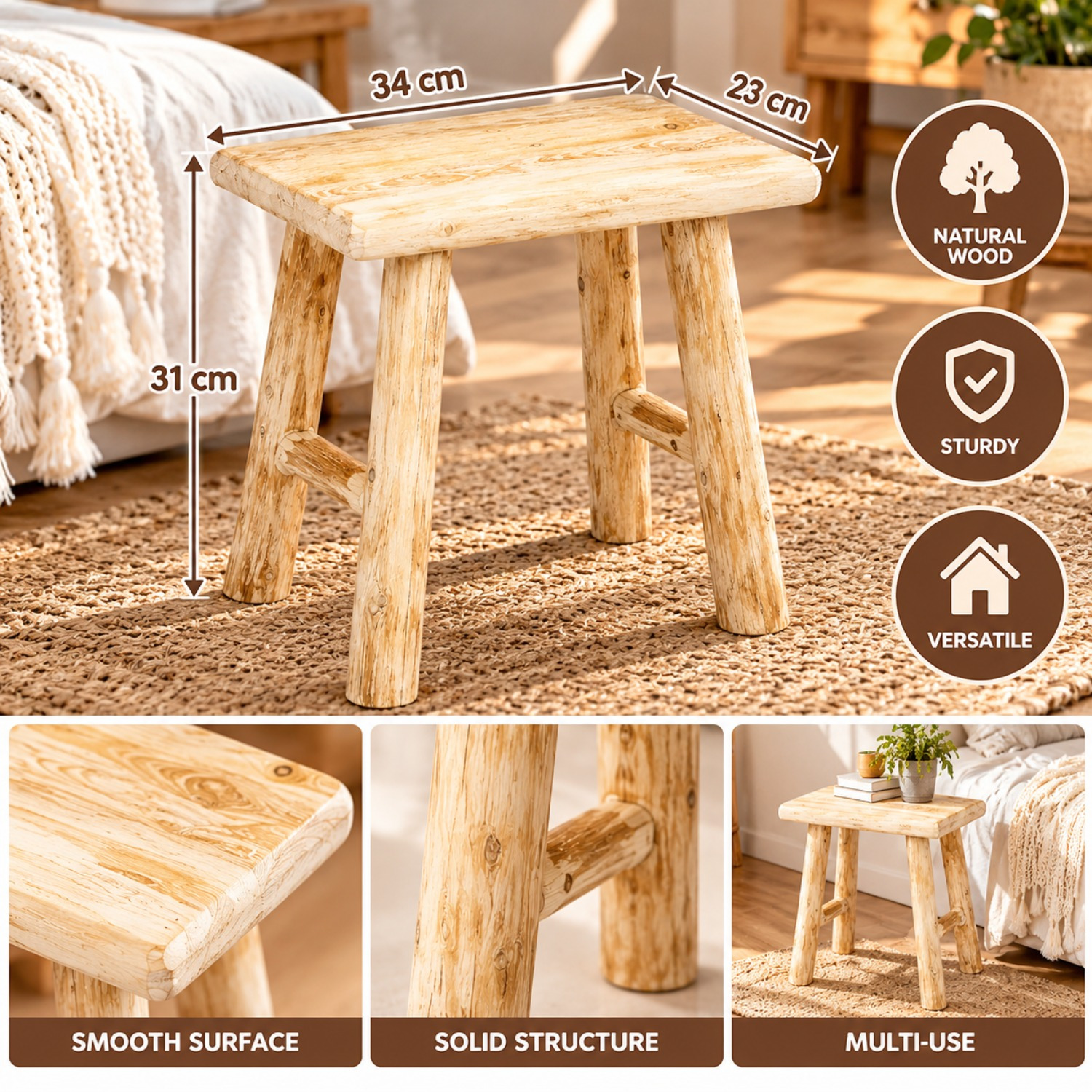 Image of Stool In Beige - Seat Height 31 Cm, Seat 34×20.5 Cm, Load 110 Kg, Indoor Use