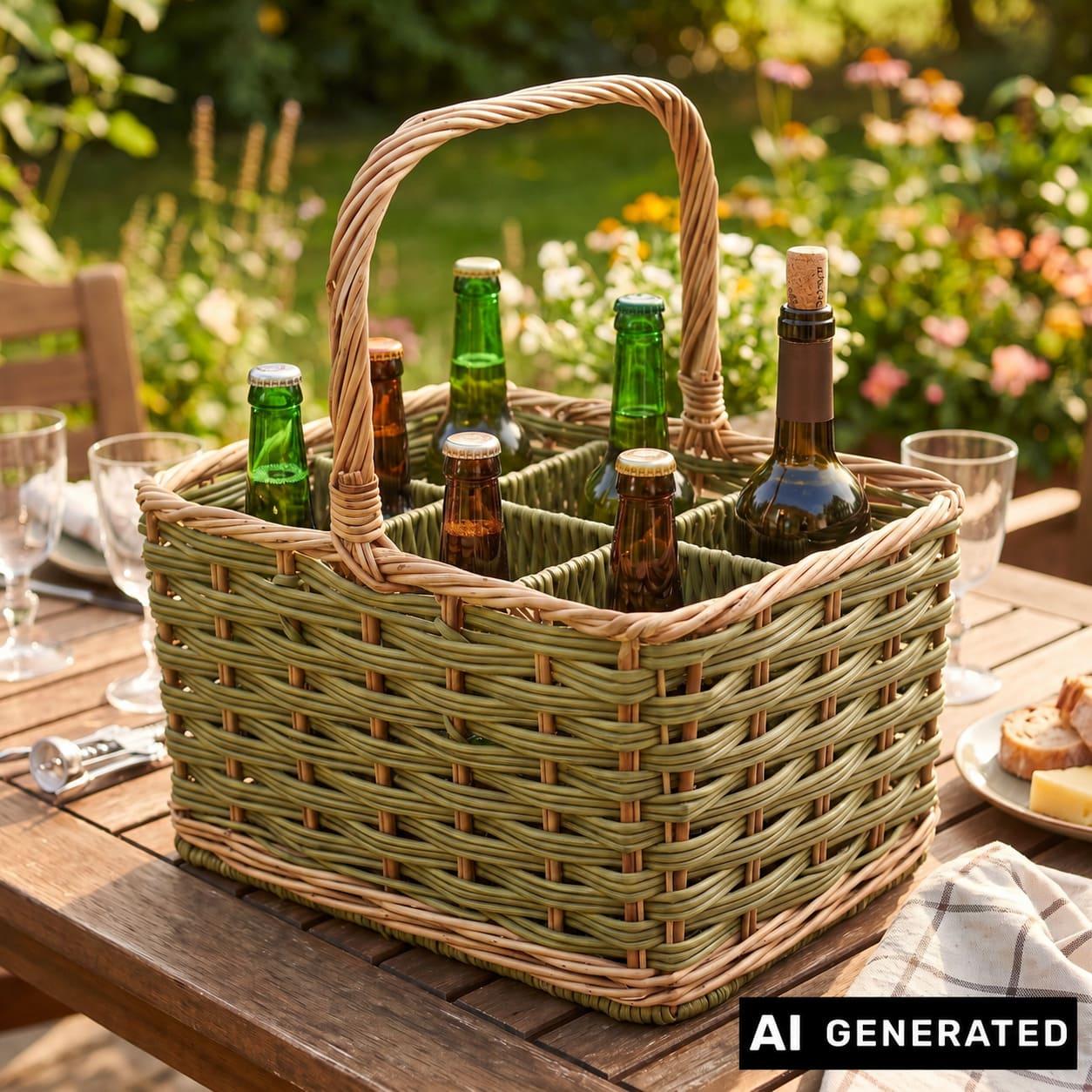 Image of Bottle Basket "olive Green" Made Of Willow And Polyrattan For 6 Bottles, Bottle Holder, Beverage Holder, Beverage Basket.
