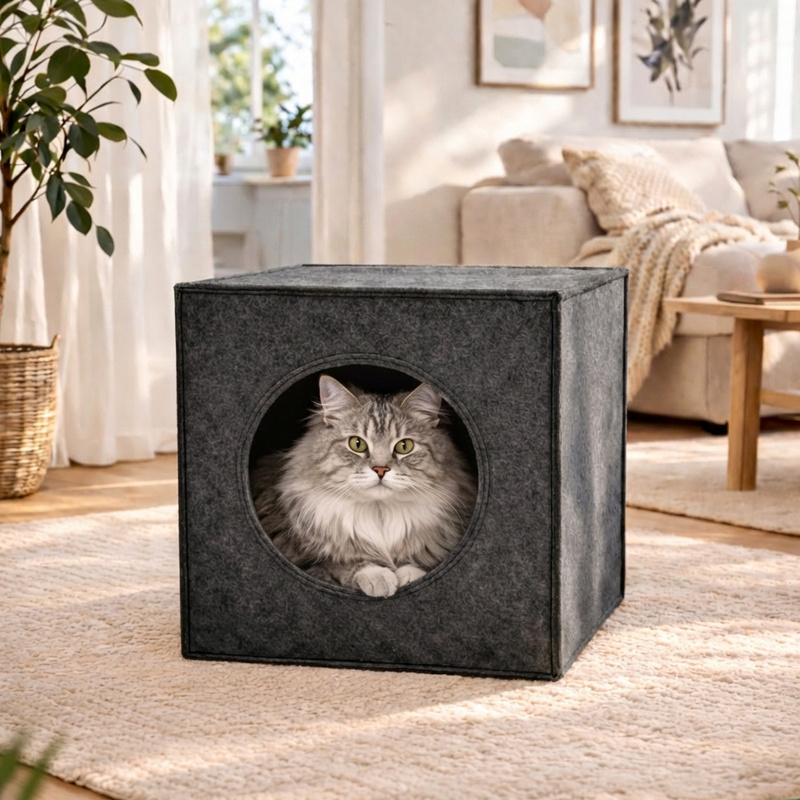 Image of Collapsible Felt Cat Cave In Cube Shape, Suitable For Shelving Systems, Free-standing Use, With Optional Cushion, Space-saving Stowable, Easy To Clean.