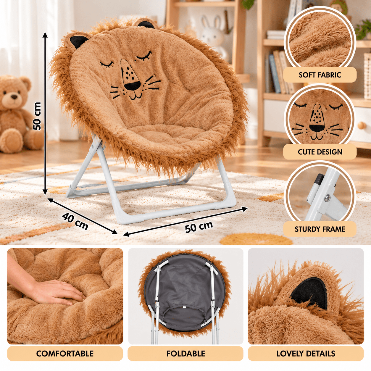 Image of White Steel Folding Children's Armchair, 40 × 50 × 50 Cm, Foldable Indoor Fabric, 220 G/m², 60 Kg Load Capacity, No