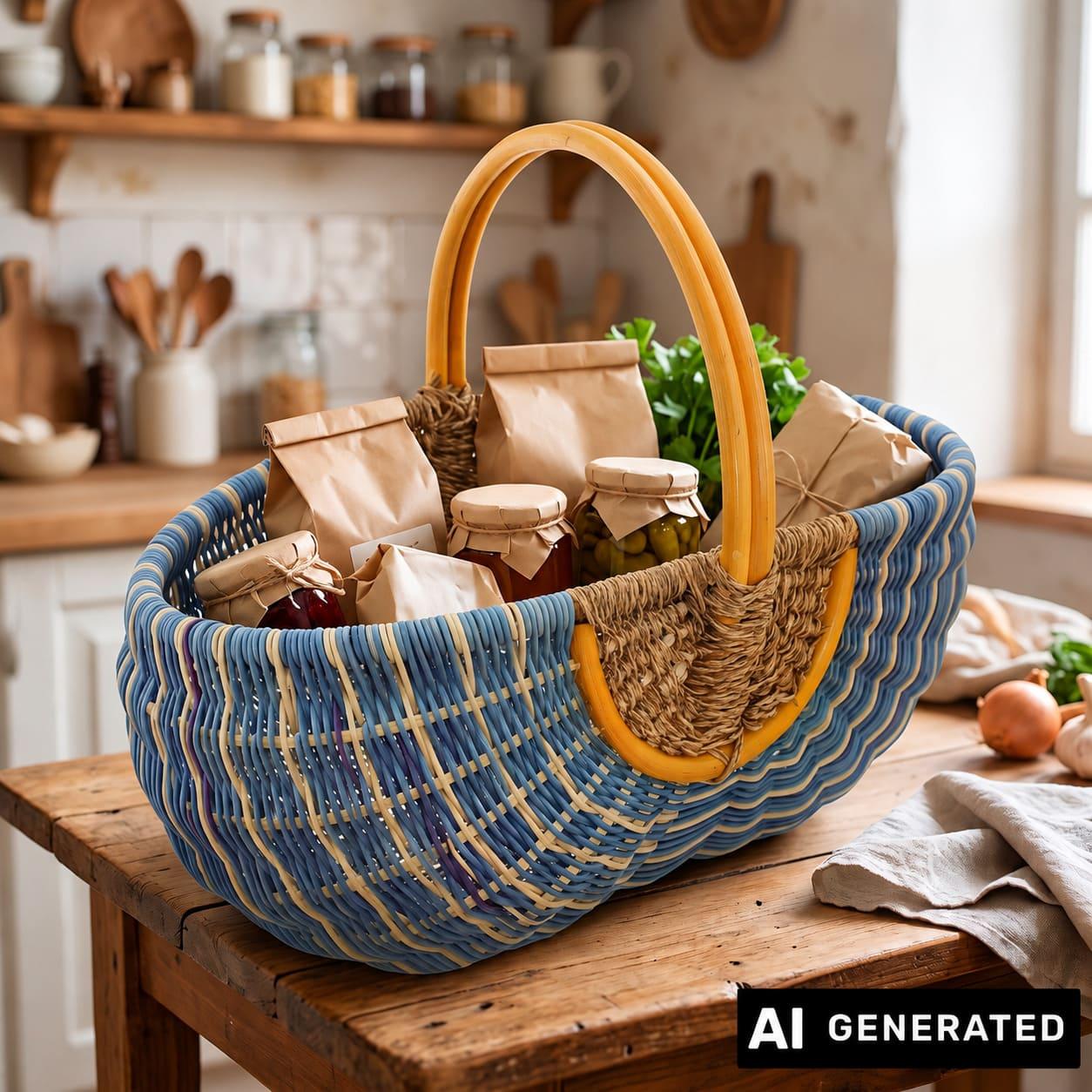 Image of Large Shopping Basket Made Of Rattan, Blue / Natural, Wicker Basket, Rattan Basket, Carrying Basket
