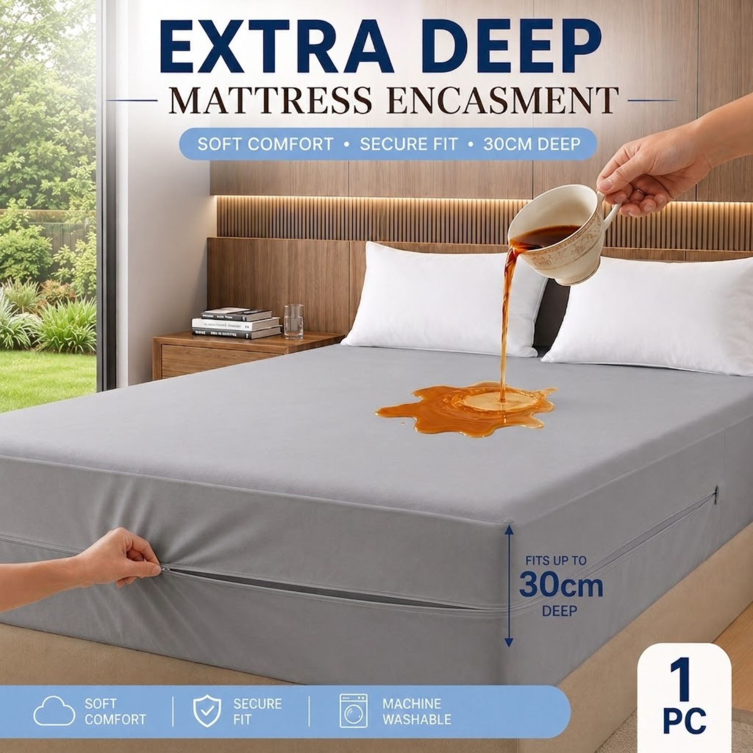 TEMU 1pc Zippered Mattress Cover, Fully Enclosed Summer Cooling 100% Waterproof Mattress Protector, Dust-proof 360° Mattress Case With Solid Plain