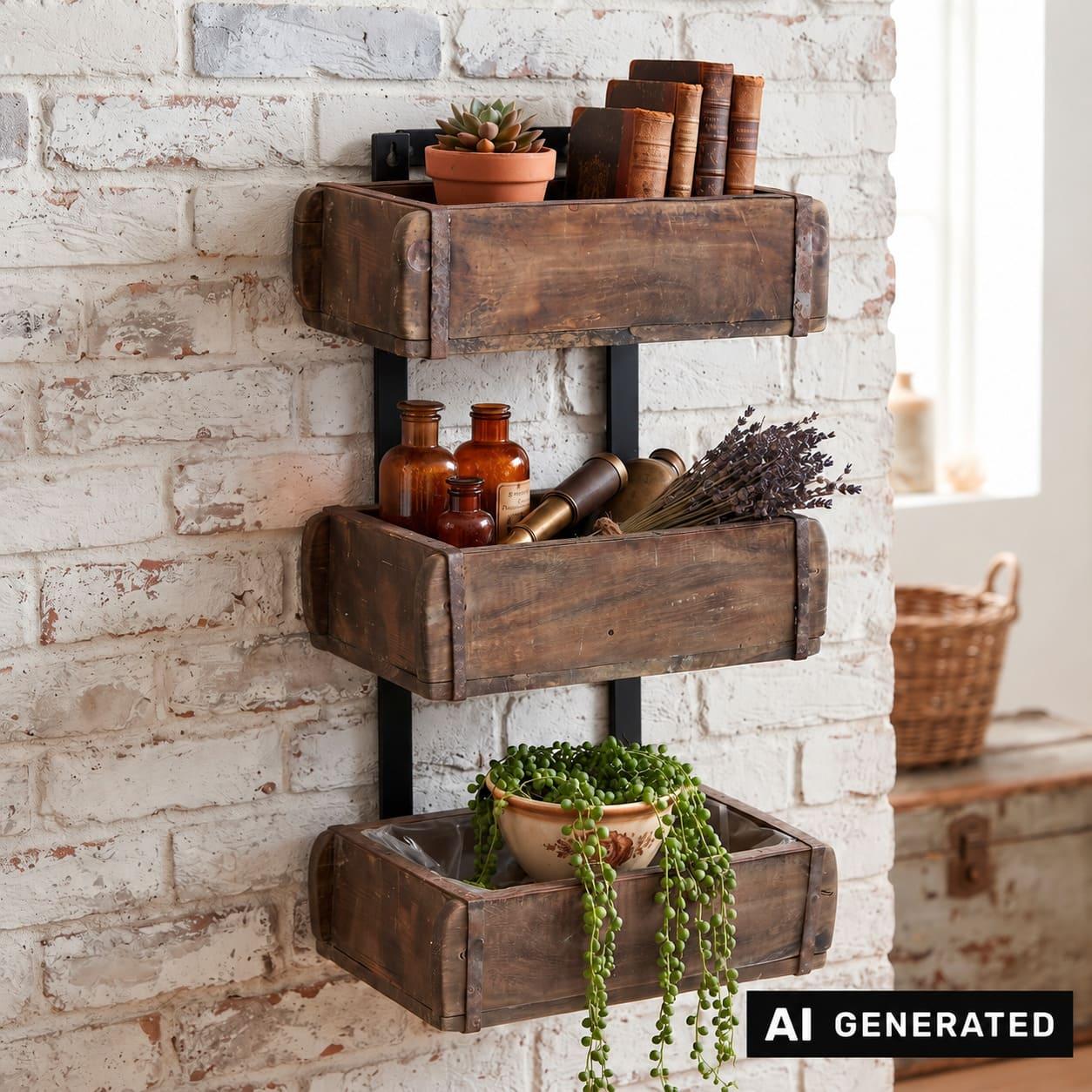 Image of Colonial-style Bookshelf Made Of Recycled Wood With A Used Look, Featuring 3 Wooden Crates, Wall-mounted Plant Shelf, Flower Shelf.