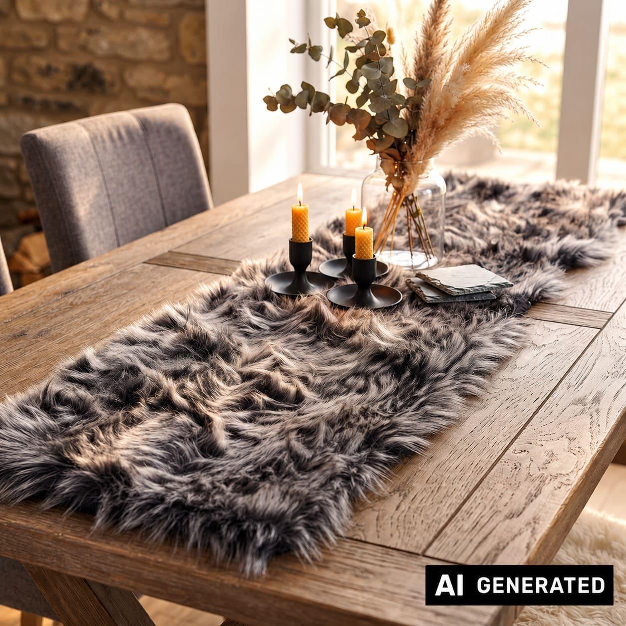 Image of Faux Fur Table Runner, Black/gray, 20x90 Cm, Table Band, Centerpiece