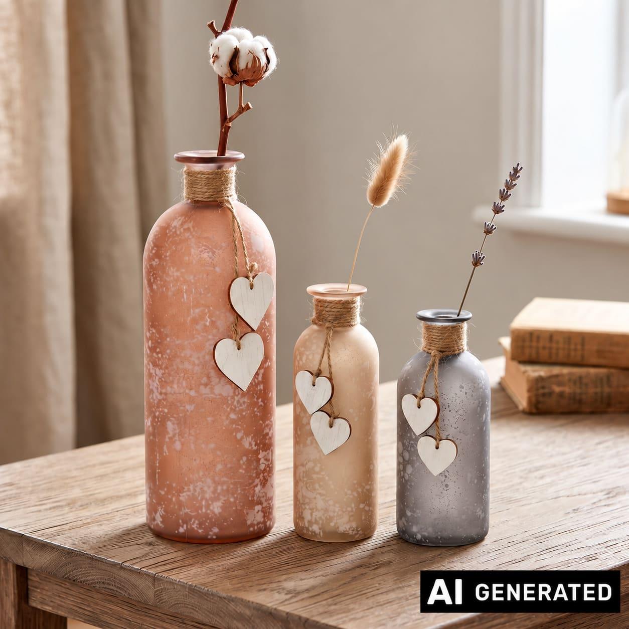 Image of 3-piece "bottle" Vases Set In Frosted Glass With Wooden Hearts, Flower Vase, Bottle Vase, Decorative Bottle, Vase Set