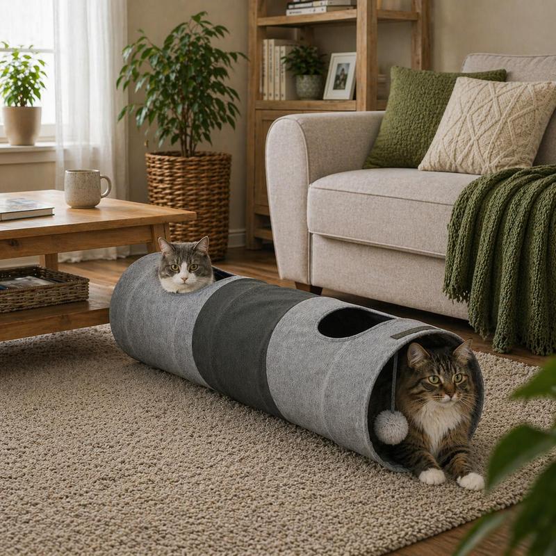 Image of Collapsible Cat Tunnel With Play Ball, 30 Cm Diameter, Expandable Play Tunnel Made Of Linen Material, Cat Toy For Adventure.