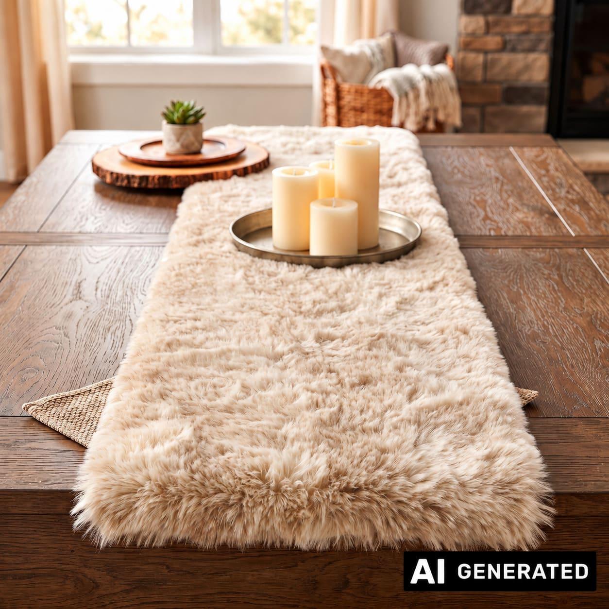 Image of Table Runner "" 20x90 Cm, Cream With Fluffy Artificial Fur, Middle Layer