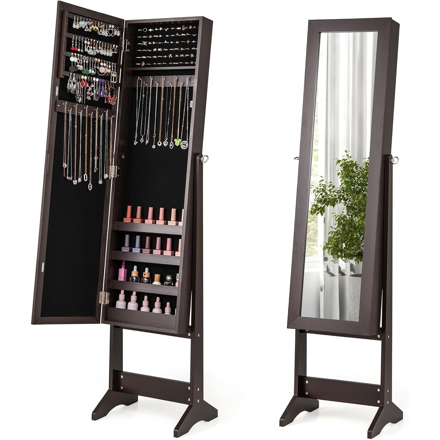 Image of Jewelry Cabinet Armoire With Full-length Mirror, Freestanding Jewelry Organizer With 3 Adjustable Tilt
