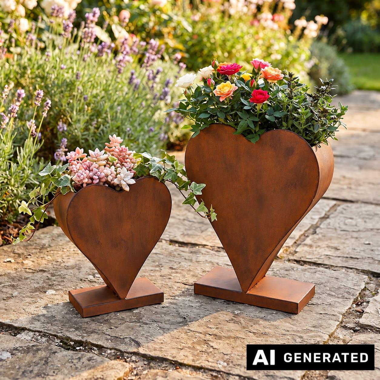 Image of 2x "rust Heart" Metal Planters In Rust Finish, Standing Heart Shape, Flower Pot, Plant Pot, Planter, Outdoor Garden Decor