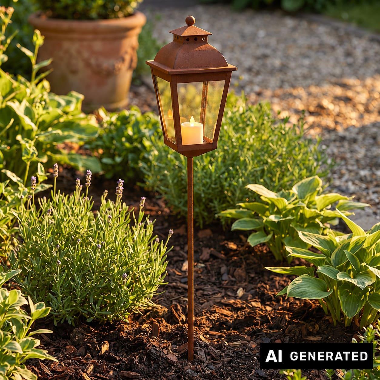 Image of Garden Spike "lantern" Made Of Metal In Rusty Optic, 106 Cm High, Rusty Garden Lantern For Outdoor Use, Weather-resistant Outdoor Candle Holder