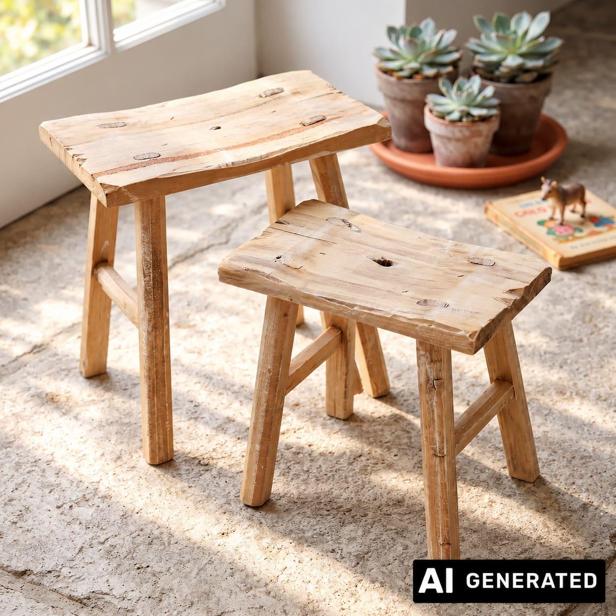 Image of 2 Wooden Stools "rustic" In Classic Style, Flower Stands, Flower Stools, Garden Decor, Seat Stools, Footstools