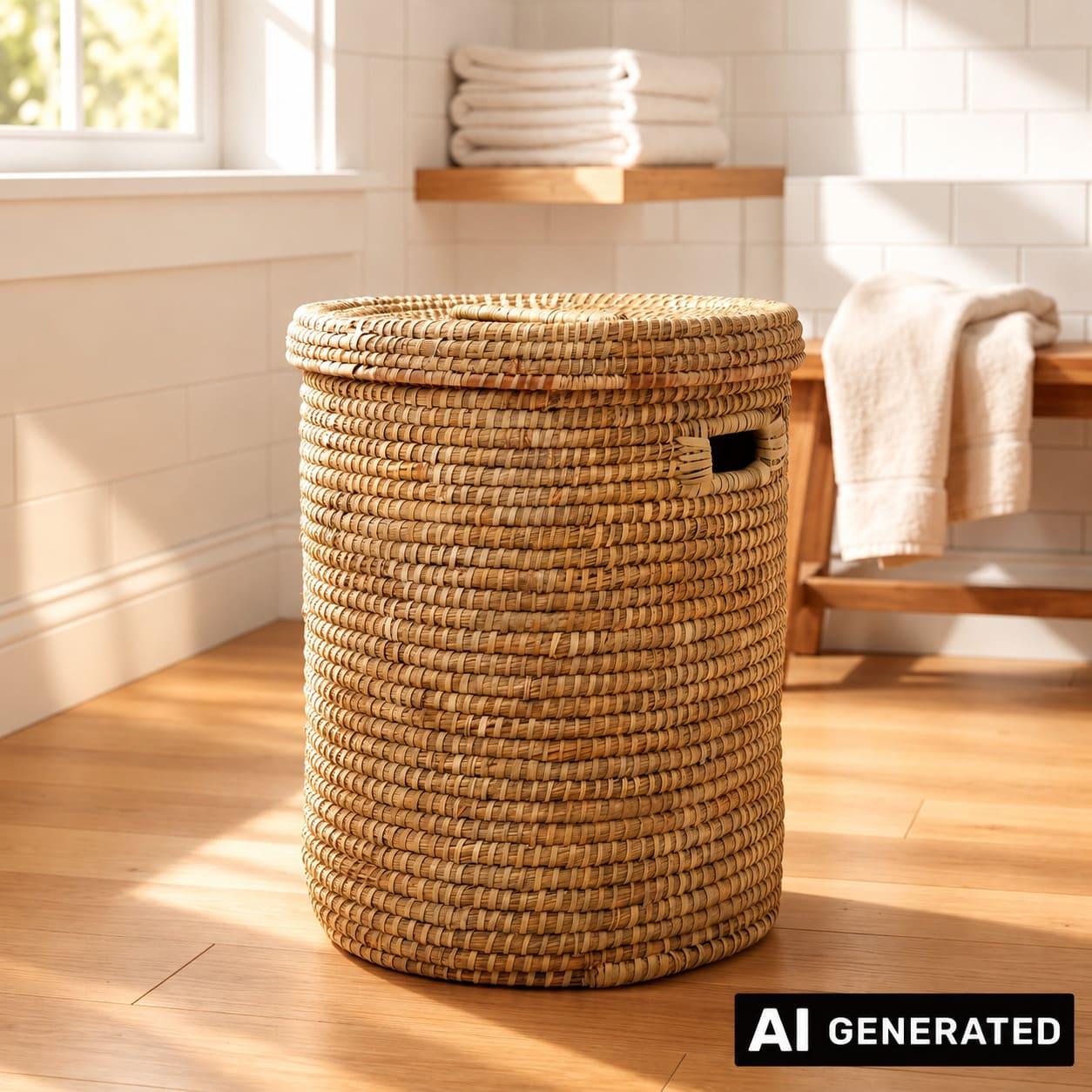 Image of Seagrass Laundry Basket With Lid, Ø 40x50 Cm, Laundry Collector, Laundry Bin