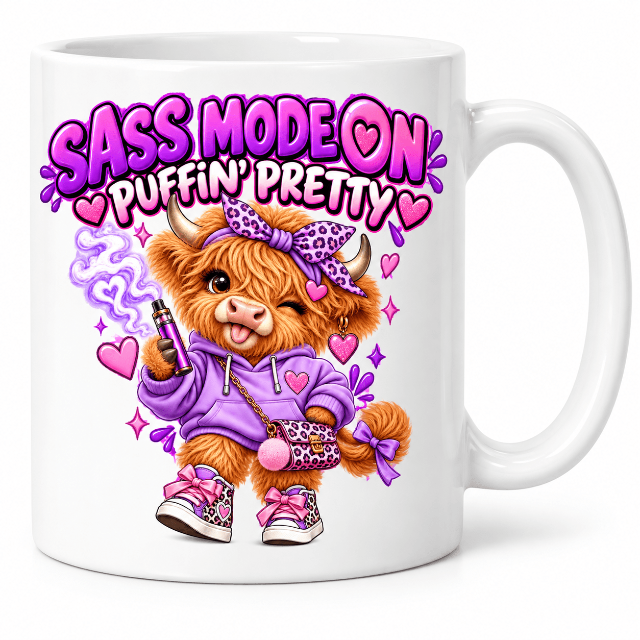TEMU Sass Highland Cow Mug, Cute White Ceramic Coffee Cup, Purple Hoodie Leopard Bow Hearts And Pink Accessories Design, Funny Cow Mug Gift For Mum