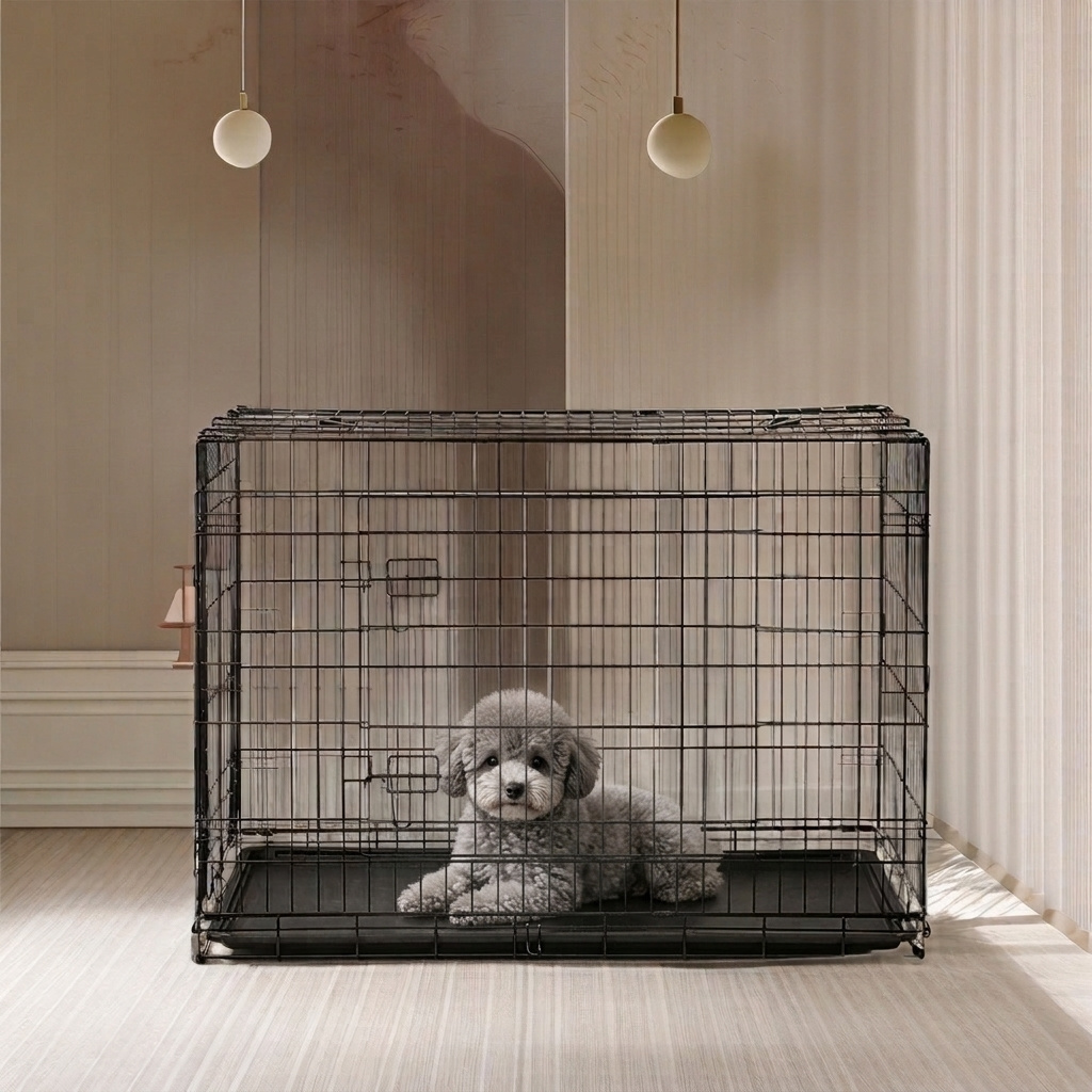 TEMU Cage pour Chien Pliable, avec 2 Portes, Plateau en Plastique Amovible, 107 x 70 x 77,5 cm, XL, Noir