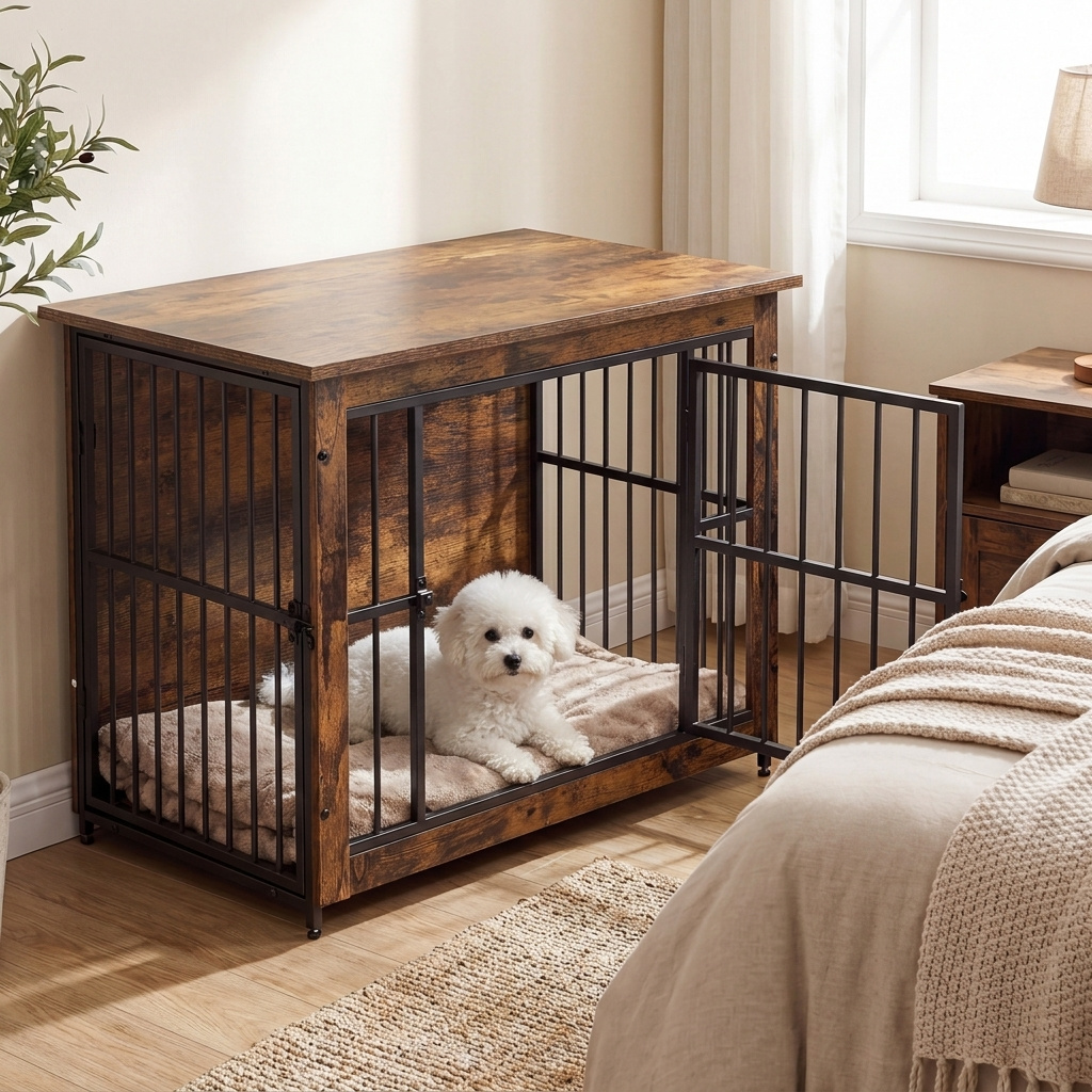 Image of Indoor Dog Kennel, Sturdy Dog Crate, Dog Box With 2 Doors, 82 X 55 Cm, Brown