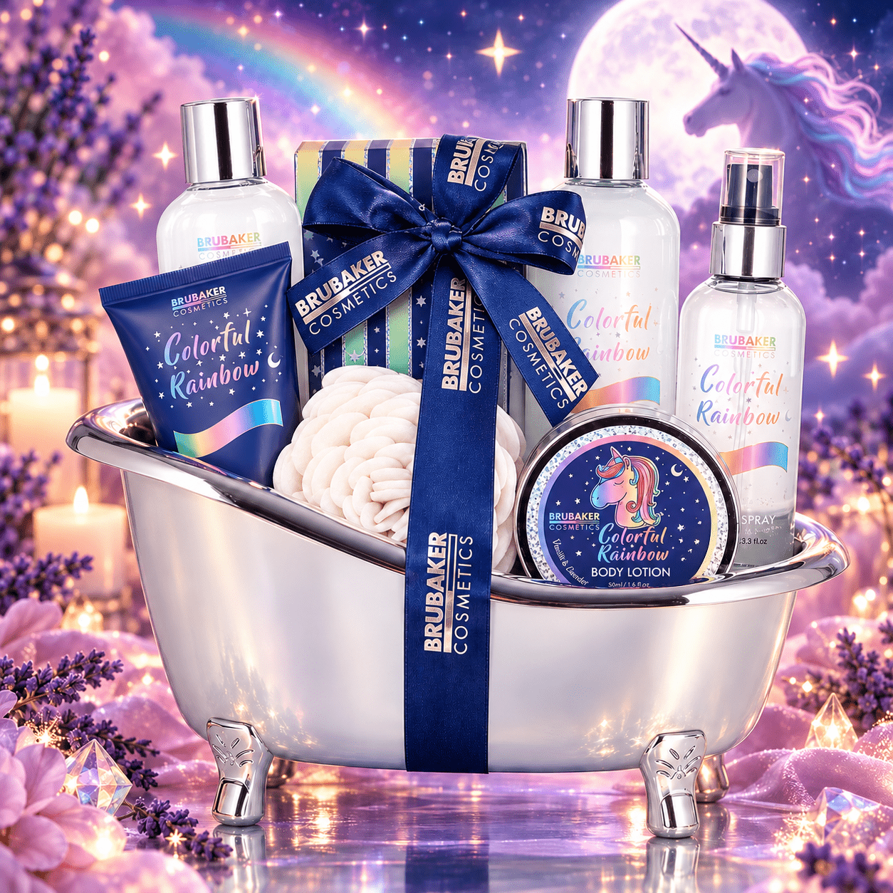 Image of Brubaker Cosmetics 8pcs Unicorn Beauty Set With Vanilla Lavender Scent In Silvery Tub - Ladies' Gift Set