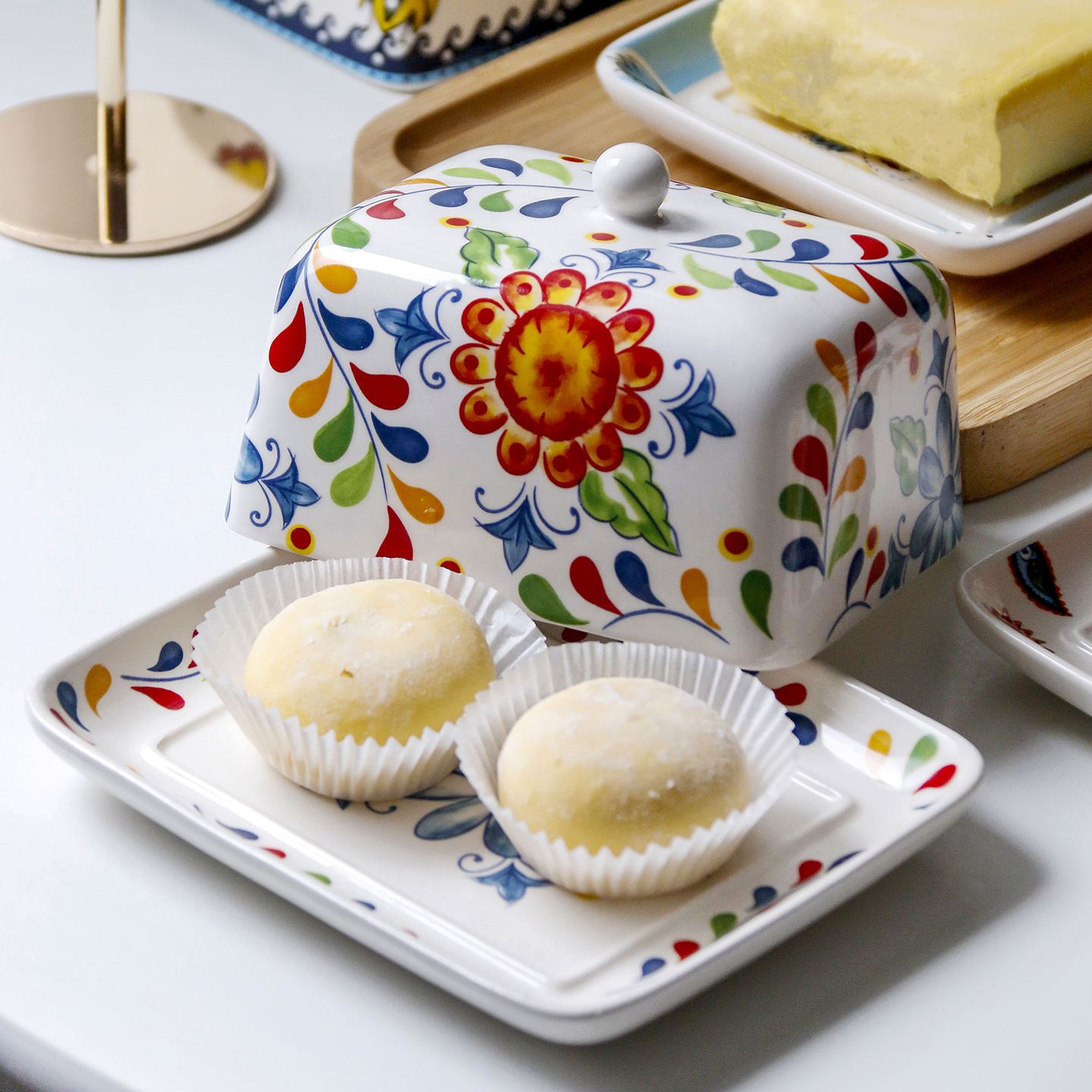 Image of Christmas Gift For Women: Ceramic Butter Dish With Lid, Colorful Floral Pattern With Saucer, Rustic Kitchen Decor For Cream & Spreads