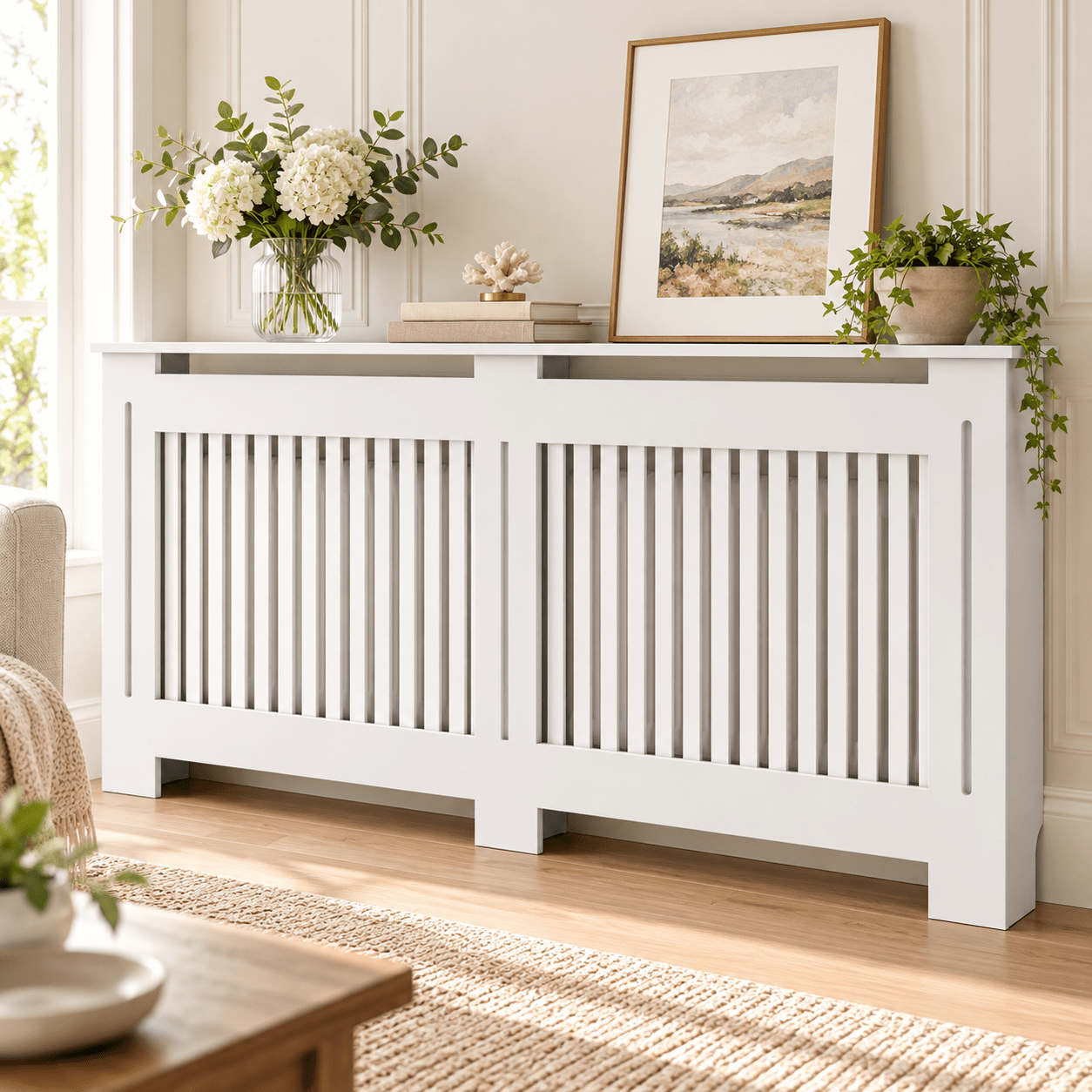 Image of Modern White Mdf Radiator Cover With Vertical Slats, Decorative Radiator Cabinet Shelf For Living Room, Hallway And Home Interior, 172 × 19 × 92.2 Cm