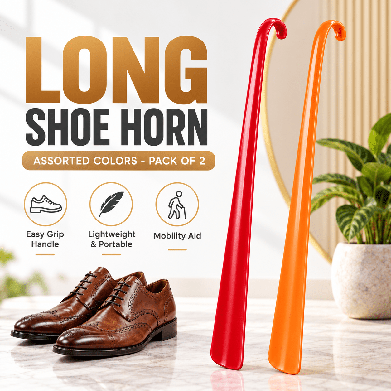 TEMU 2 Packs Of Shoe Horn Extra Long/23.62 Inches, 46cm, Comfortable, Elongated Footwear (for ), Orange & Red-assorted Colors